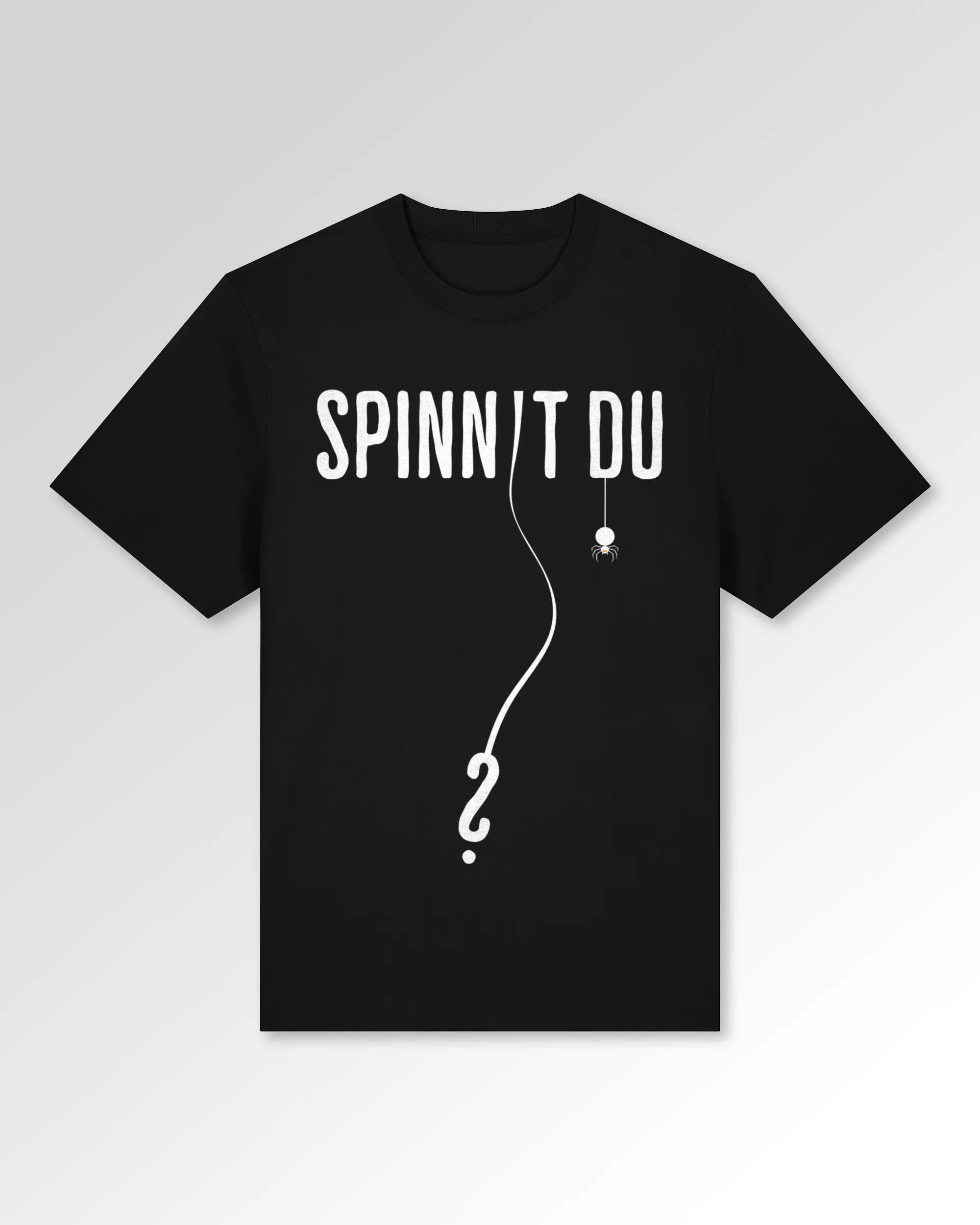 Packshot der Druckseite des Organic Unisex T-Shirts von Maondo im Heavy Fit mit dem Design Spinnst du? in der Farbe Black