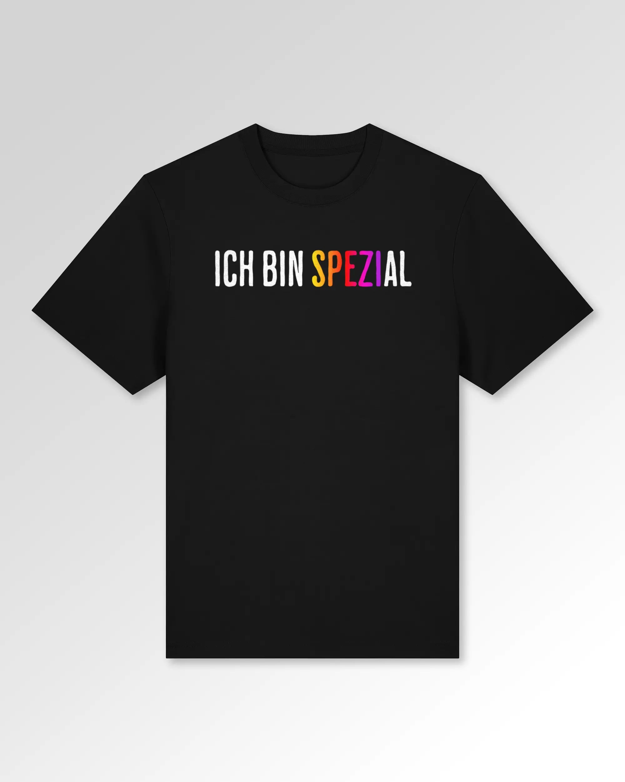 Packshot der Druckseite des Organic Unisex T-Shirts von Maondo im Heavy Fit mit dem Design Ich bin Spezial in der Farbe Black