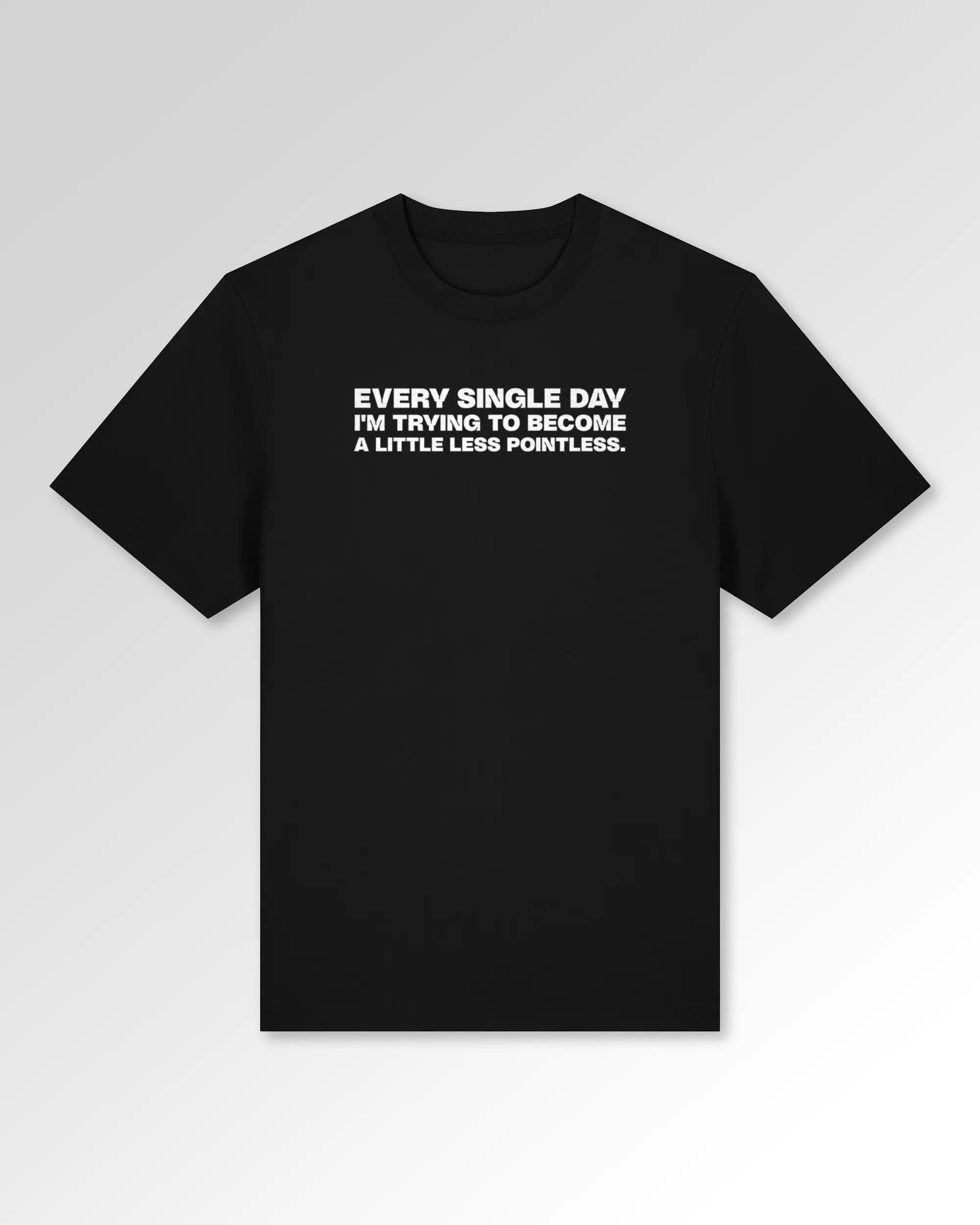 Packshot der Druckseite des Organic Unisex T-Shirts von Maondo im Heavy Fit mit dem Design Less Pointless in der Farbe Black