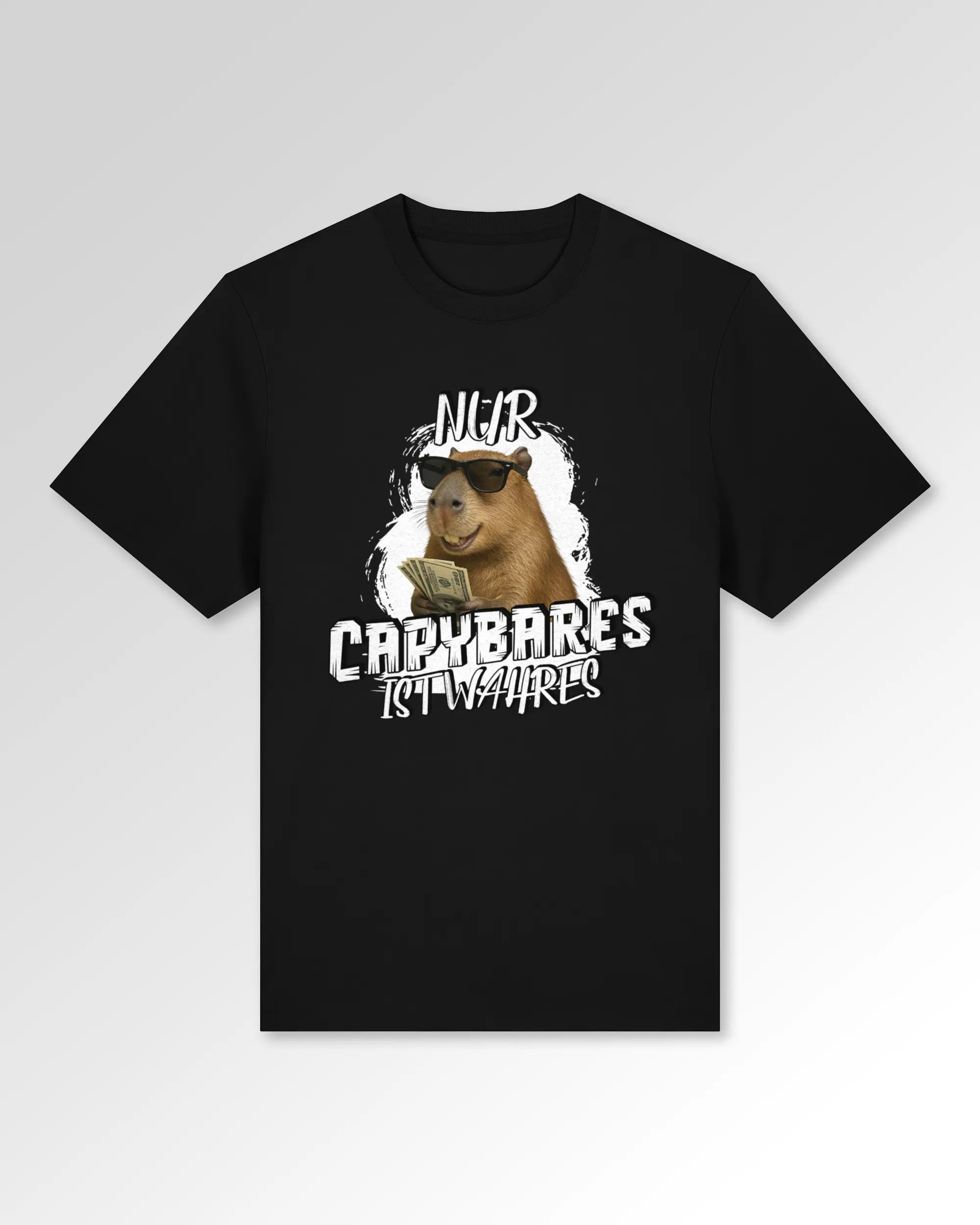 Packshot der Druckseite des Organic Unisex T-Shirts von Maondo im Heavy Fit mit dem Design Capybares in der Farbe Black