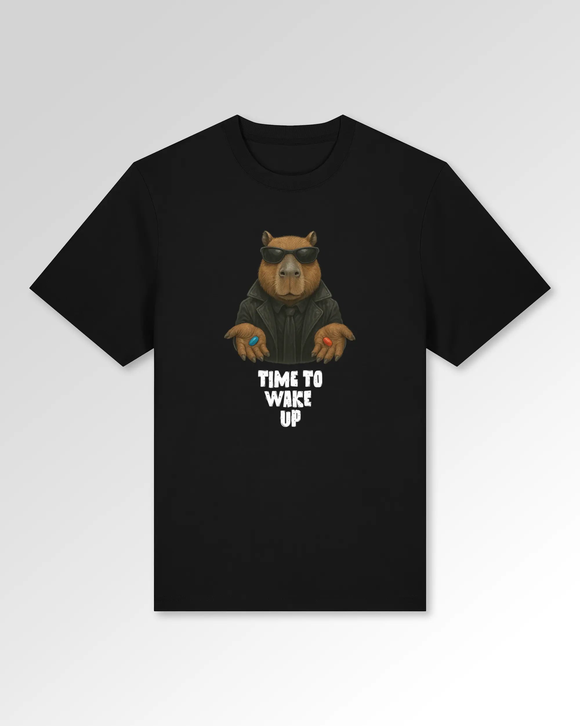 Packshot der Druckseite des Organic Unisex T-Shirts von Maondo im Heavy Fit mit dem Design Wake up in der Farbe Black