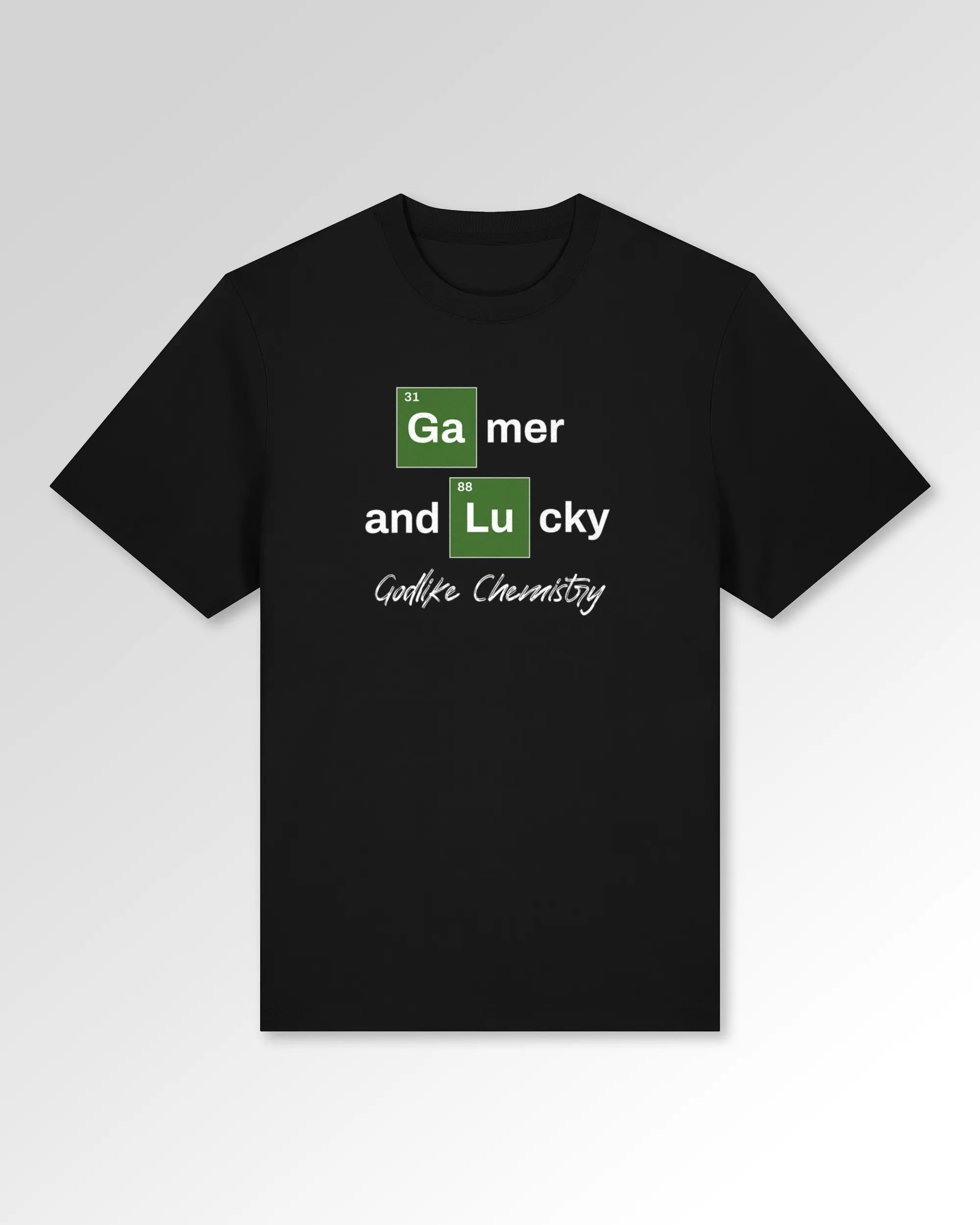 Packshot der Druckseite des Organic Unisex T-Shirts von Maondo im Heavy Fit mit dem Design Gamer Chemistry in der Farbe Black