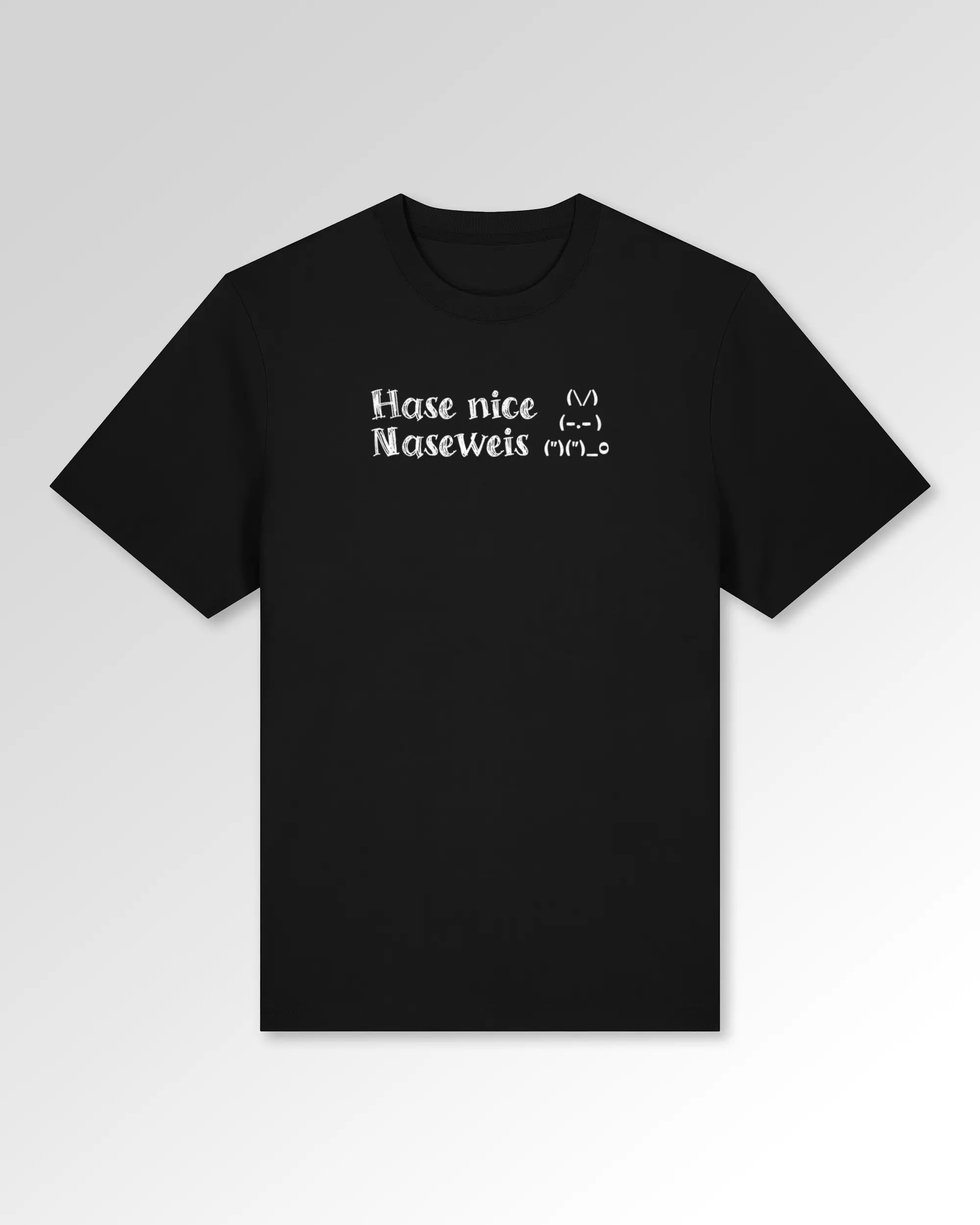 Packshot der Druckseite des Organic Unisex T-Shirts von Maondo im Heavy Fit mit dem Design Nicer Hase in der Farbe Black