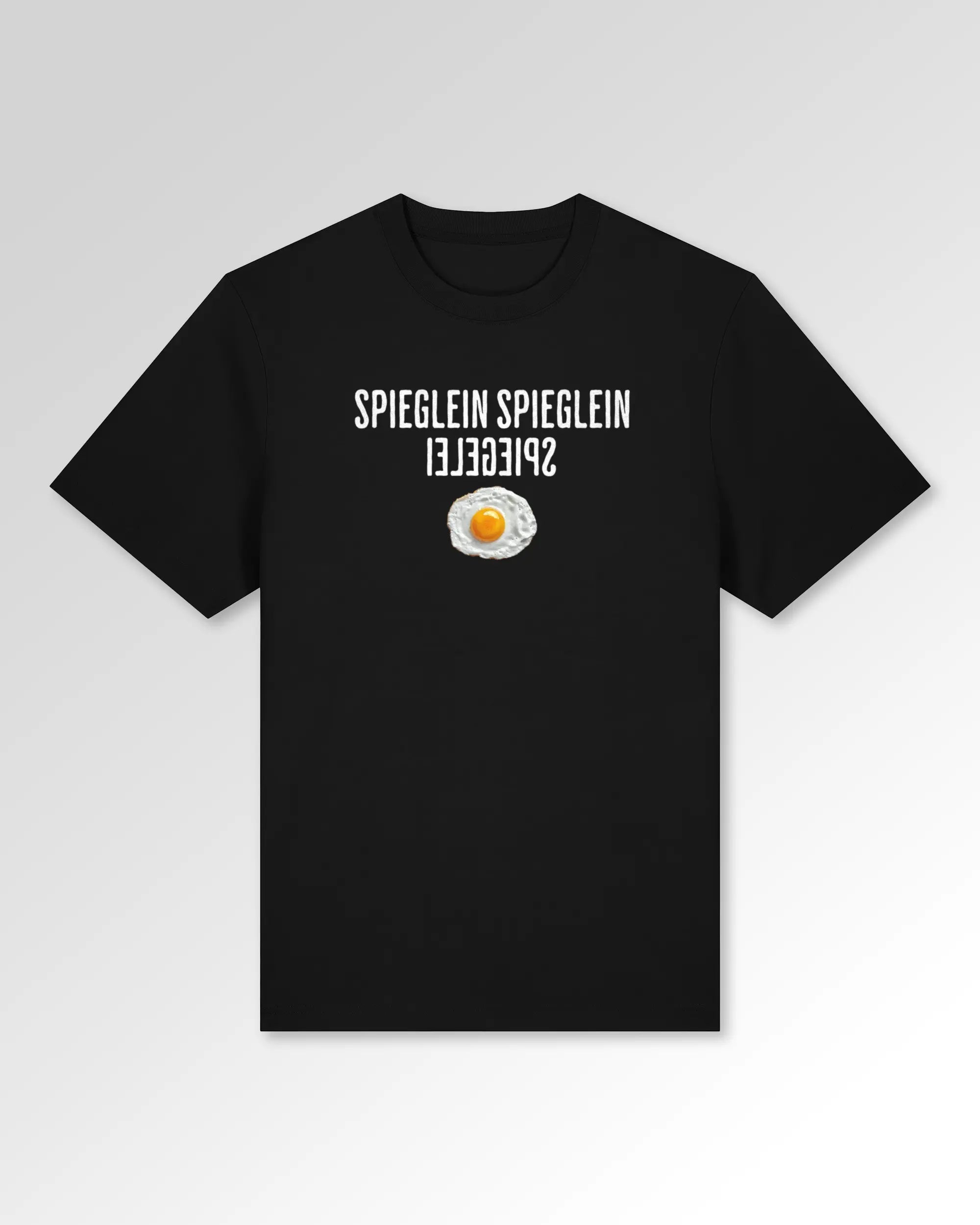 Packshot der Druckseite des Organic Unisex T-Shirts von Maondo im Heavy Fit mit dem Design Spieglein Spiegelei in der Farbe Black