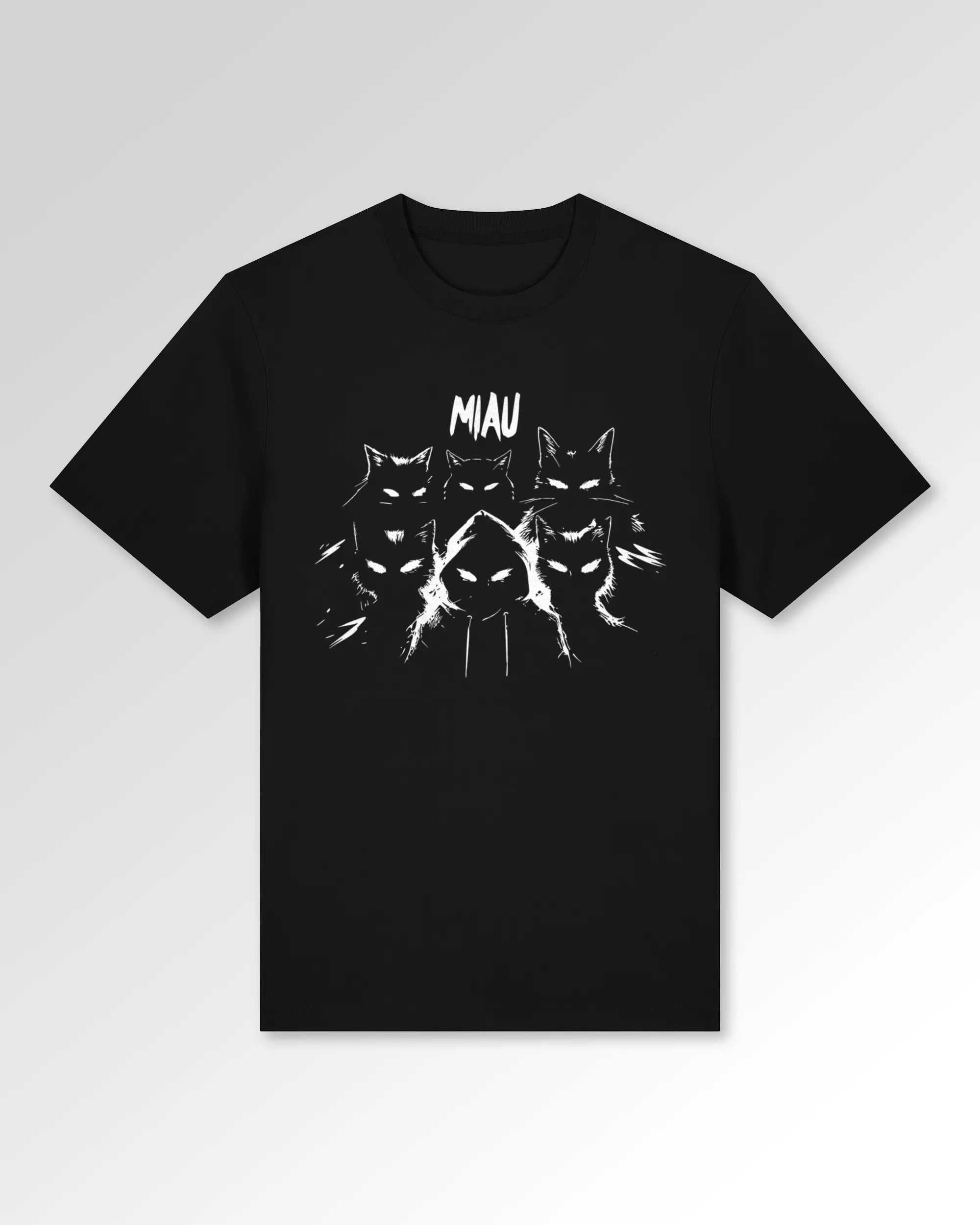 Packshot der Druckseite des Organic Unisex T-Shirts von Maondo im Heavy Fit mit dem Design Miau Gang in der Farbe Black
