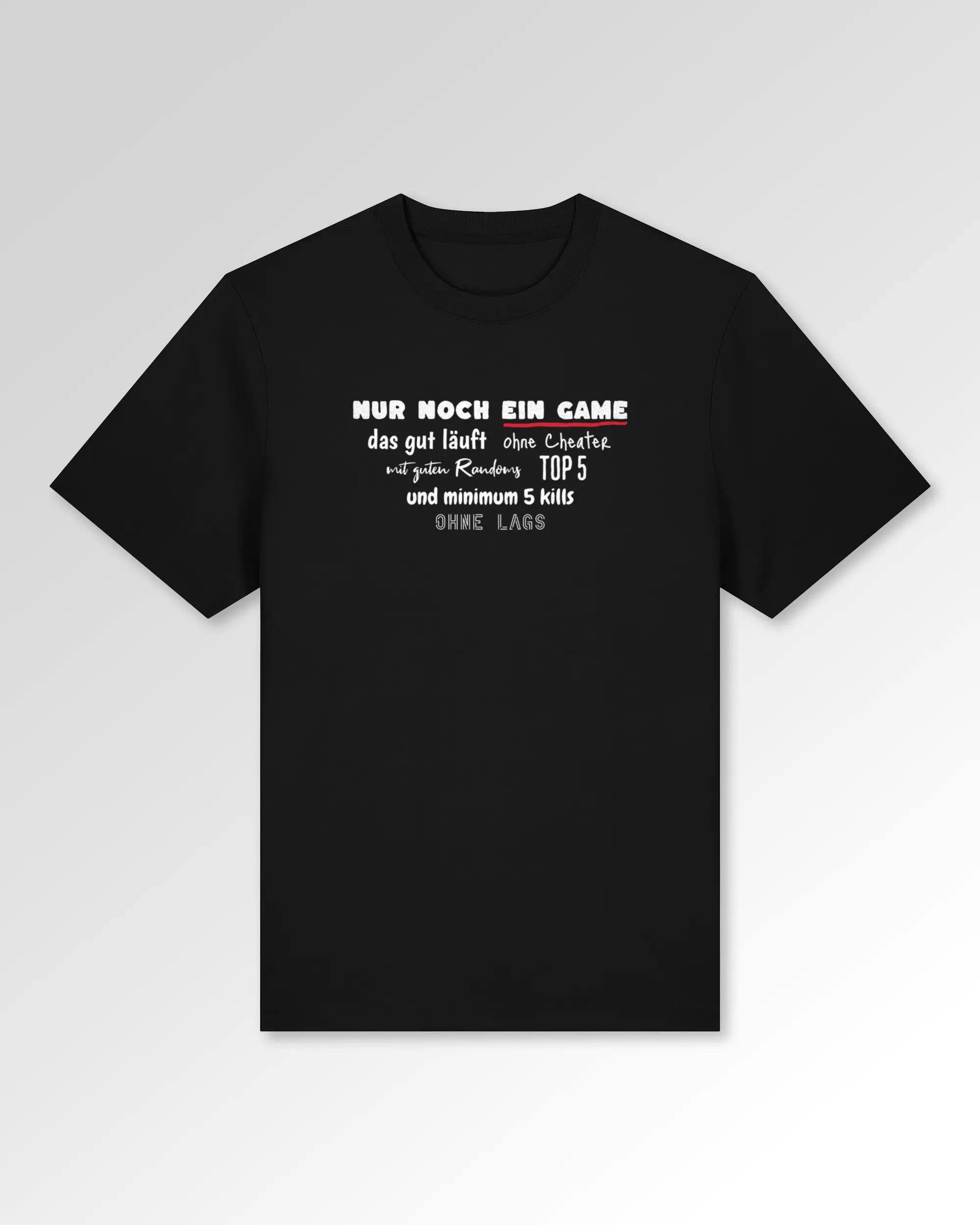 Packshot der Druckseite des Organic Unisex T-Shirts von Maondo im Heavy Fit mit dem Design Nur noch ein Game in der Farbe Black