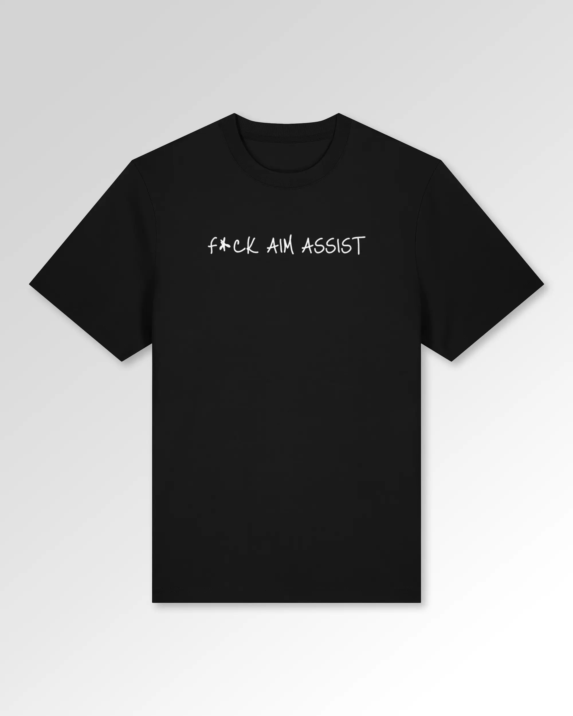 Packshot der Druckseite des Organic Unisex T-Shirts von Maondo im Heavy Fit mit dem Design F Aim Assist in der Farbe Black