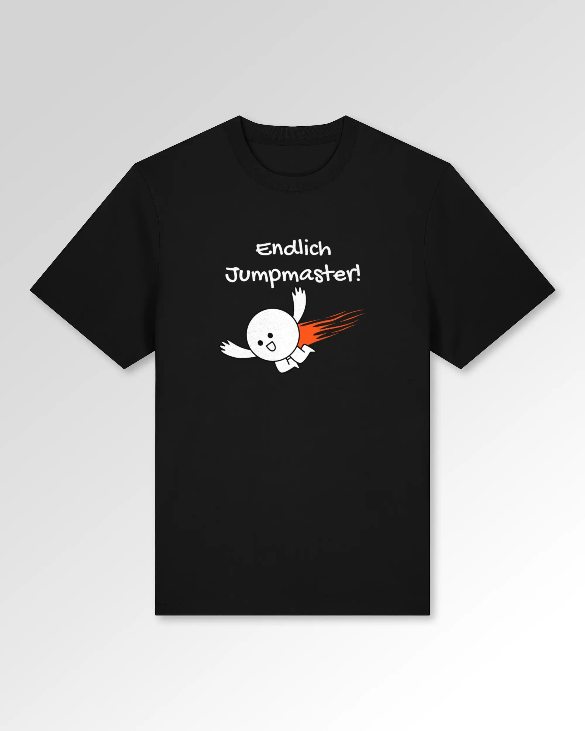 Packshot der Druckseite des Organic Unisex T-Shirts von Maondo im Heavy Fit mit dem Design Endlich Jumpmaster in der Farbe Black