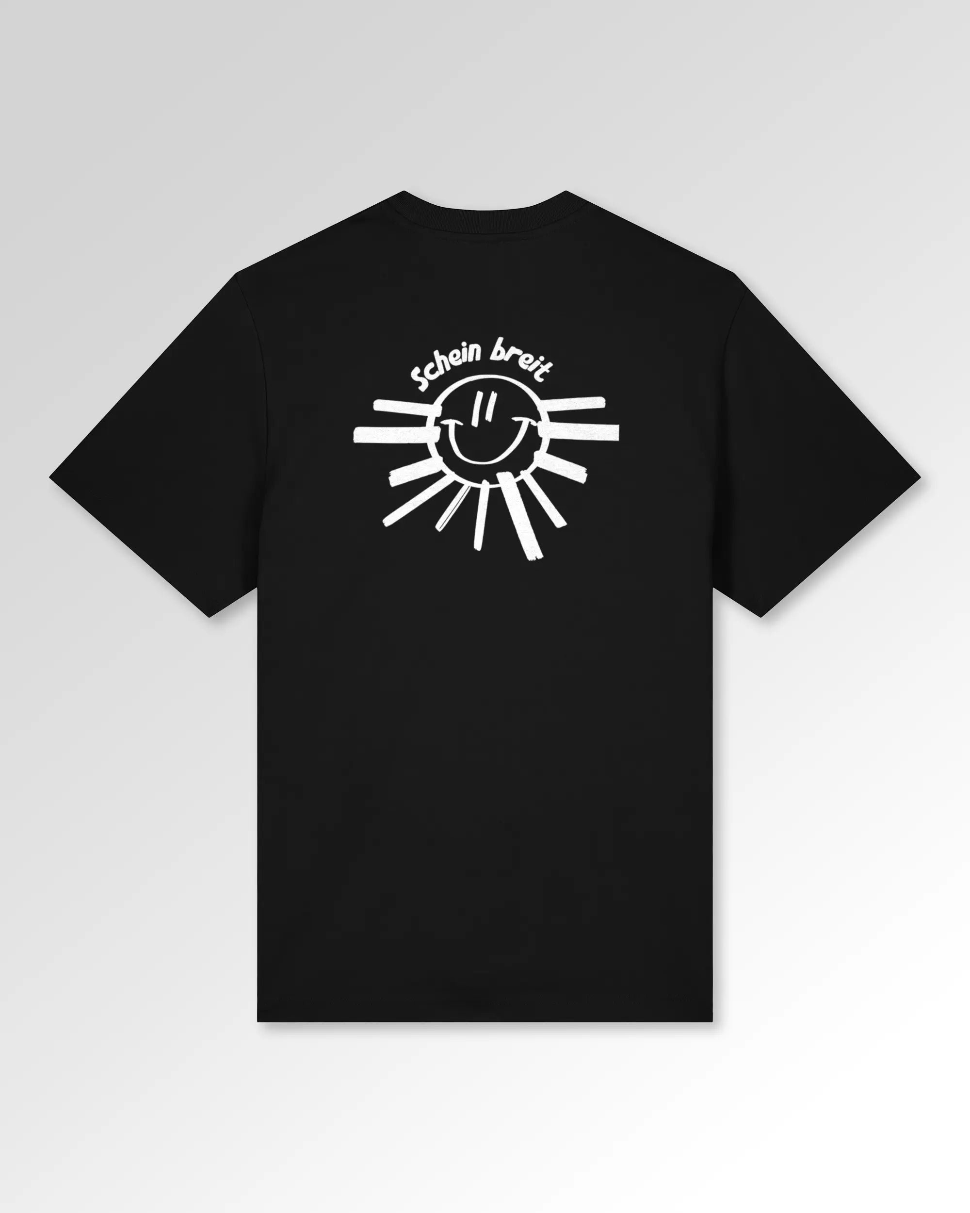 Packshot der Druckseite des Organic Unisex T-Shirts von Maondo im Heavy Fit mit dem Design Schein Breit in der Farbe Black