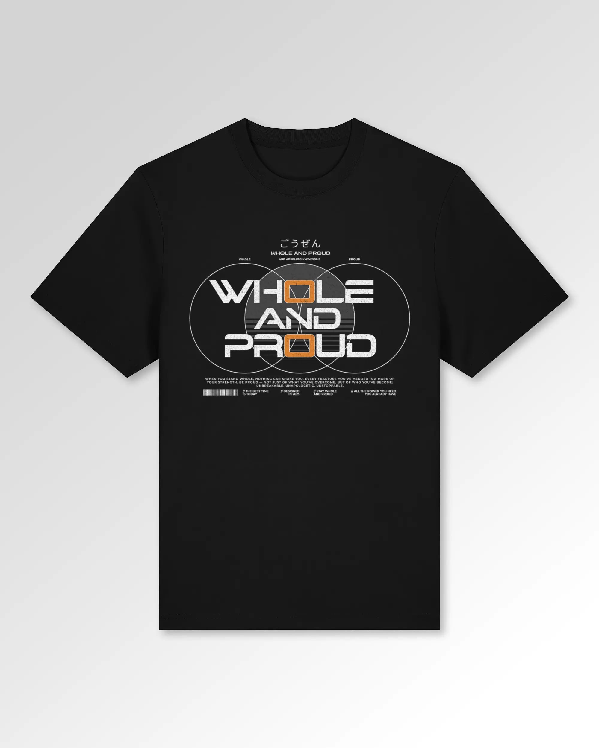 Packshot der primären Druckseite des Organic Unisex T-Shirts von Maondo im Relaxed Fit mit dem Design Whole and proud in der Farbe Black