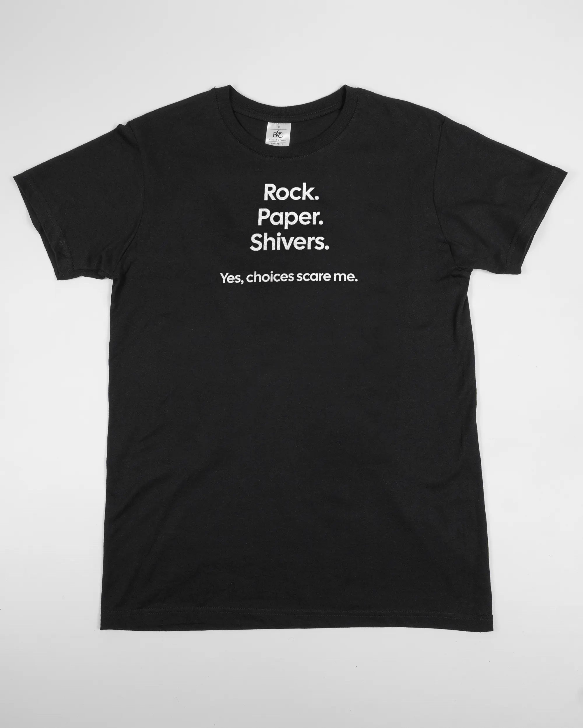 Vorderseite des Basic Unisex T-Shirt Soft von Maondo mit dem Design Rock Paper Shivers in der Farbe Black und in der Größe S flach auf den Boden gelegt