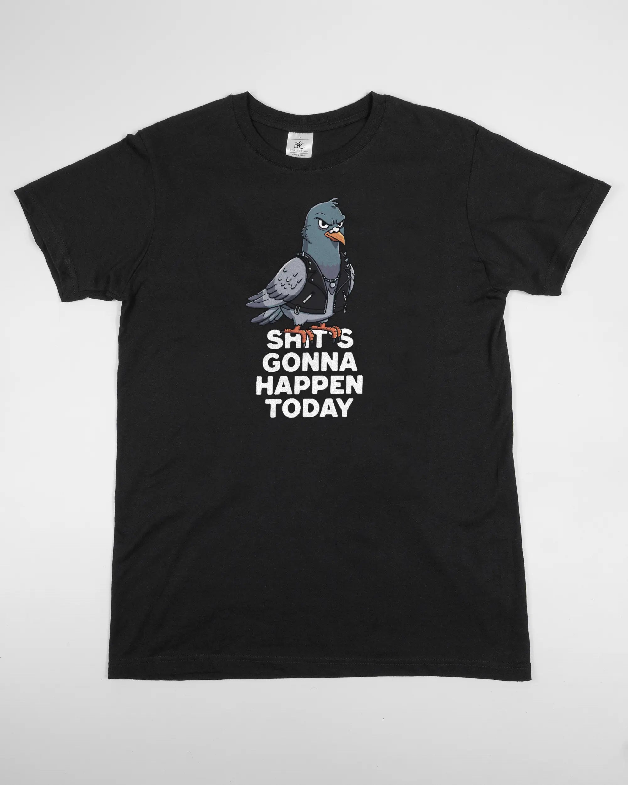 Vorderseite des Basic Unisex T-Shirt Soft von Maondo mit dem Design Pigeon Pun in der Farbe Black und in der Größe S flach auf den Boden gelegt