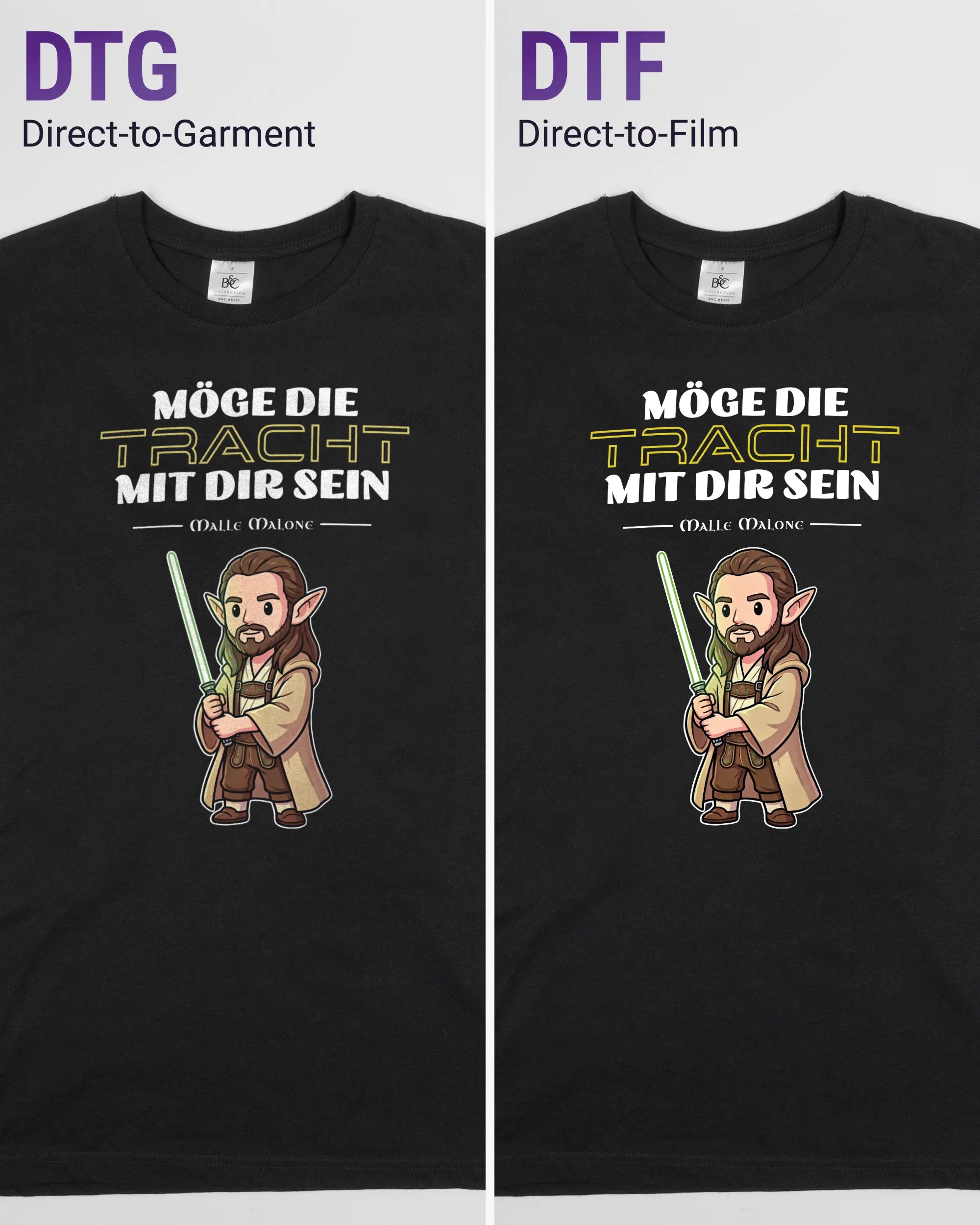 Vergleich der Vorderseiten des Basic Unisex T-Shirt Soft von Maondo mit dem Design Tracht mit dir in der Farbe Black und in der Größe S links mit dem Direct-to-Garment und rechts mit dem Direct-to-Film Verfahren