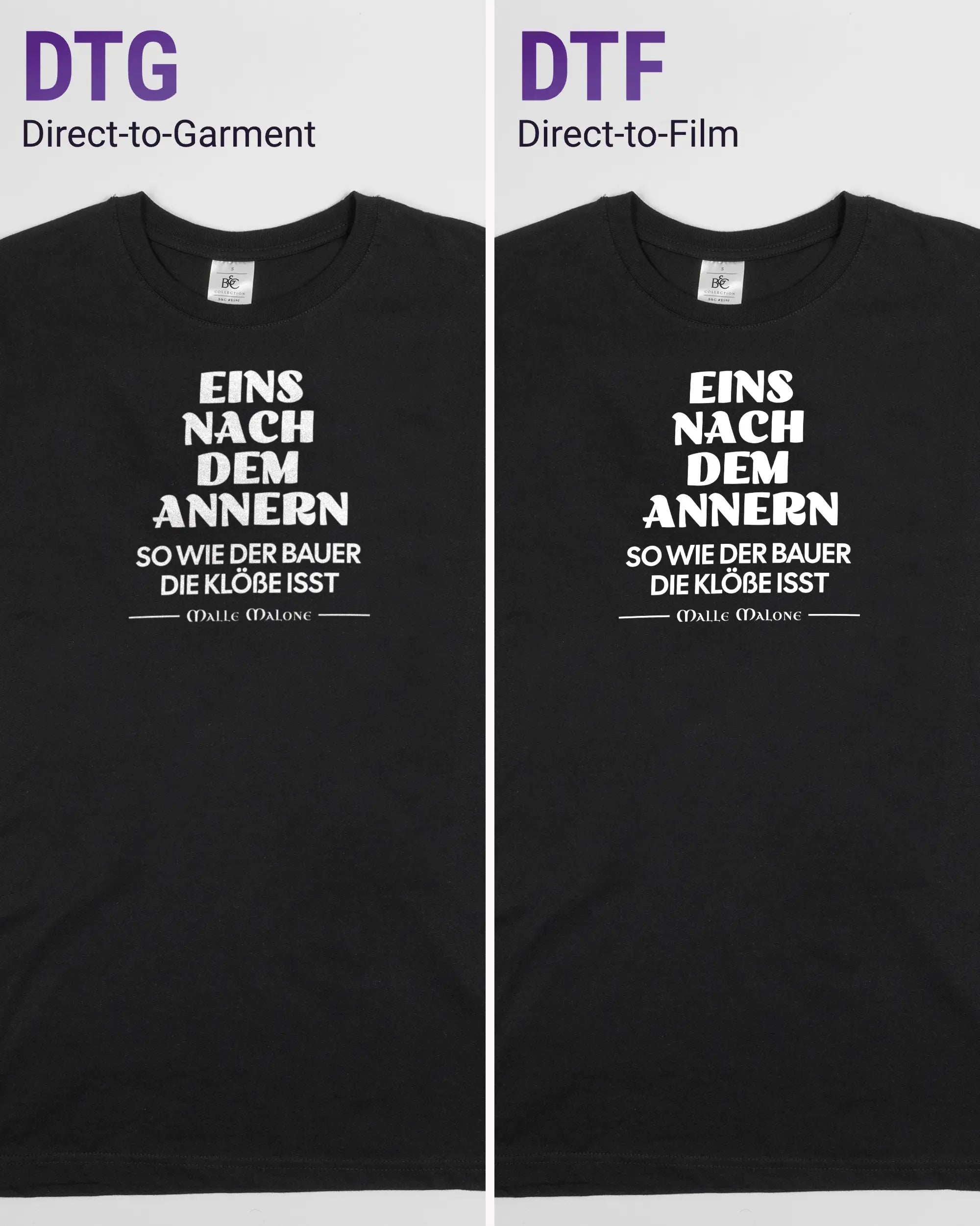 Vergleich der Vorderseiten des Basic Unisex T-Shirt Soft von Maondo mit dem Design Eins nach dem Annern in der Farbe Black und in der Größe S links mit dem Direct-to-Garment und rechts mit dem Direct-to-Film Verfahren
