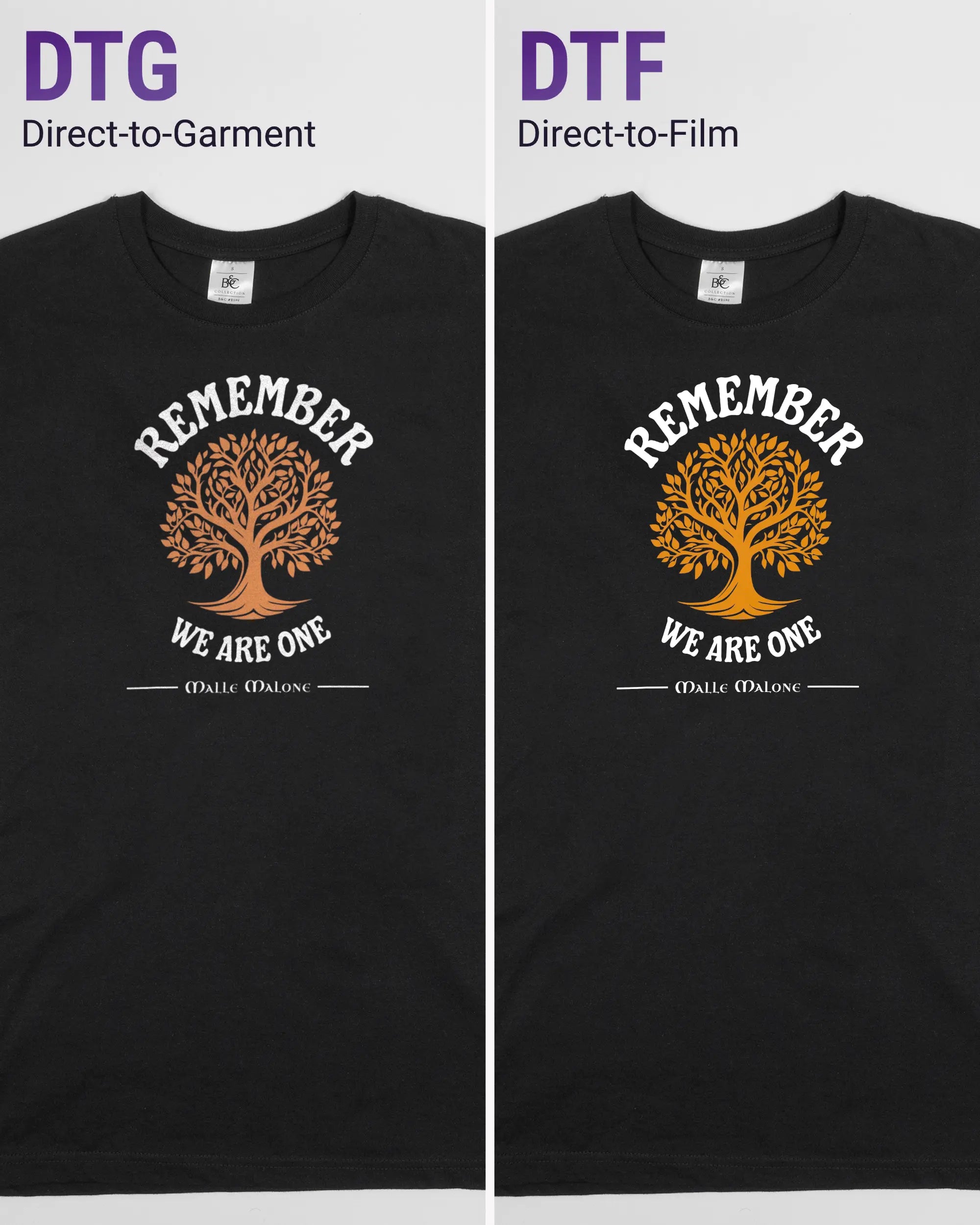 Vergleich der Vorderseiten des Basic Unisex T-Shirt Soft von Maondo mit dem Design We are one in der Farbe Black und in der Größe S links mit dem Direct-to-Garment und rechts mit dem Direct-to-Film Verfahren