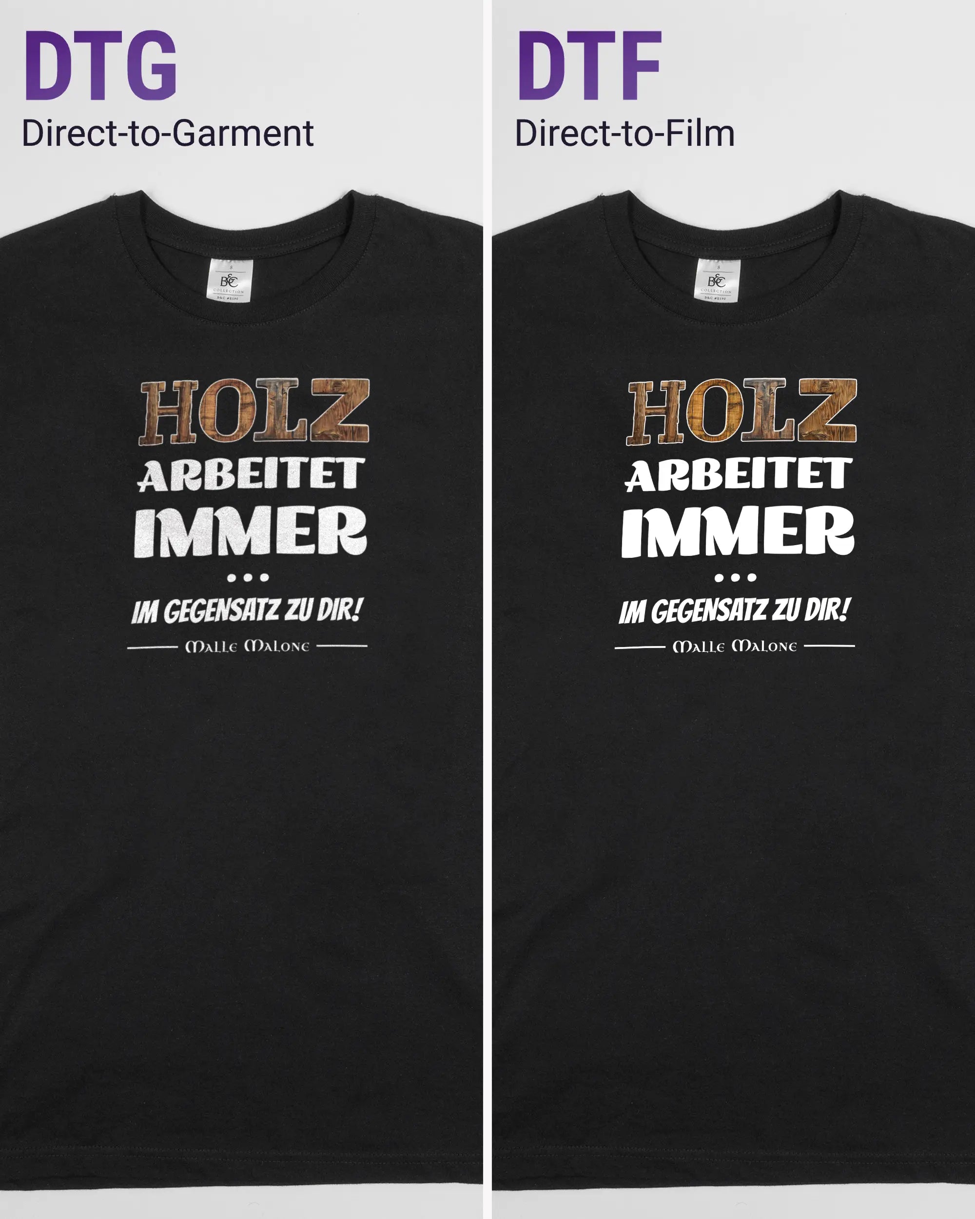 Vergleich der Vorderseiten des Basic Unisex T-Shirt Soft von Maondo mit dem Design Holzarbeit in der Farbe Black und in der Größe S links mit dem Direct-to-Garment und rechts mit dem Direct-to-Film Verfahren