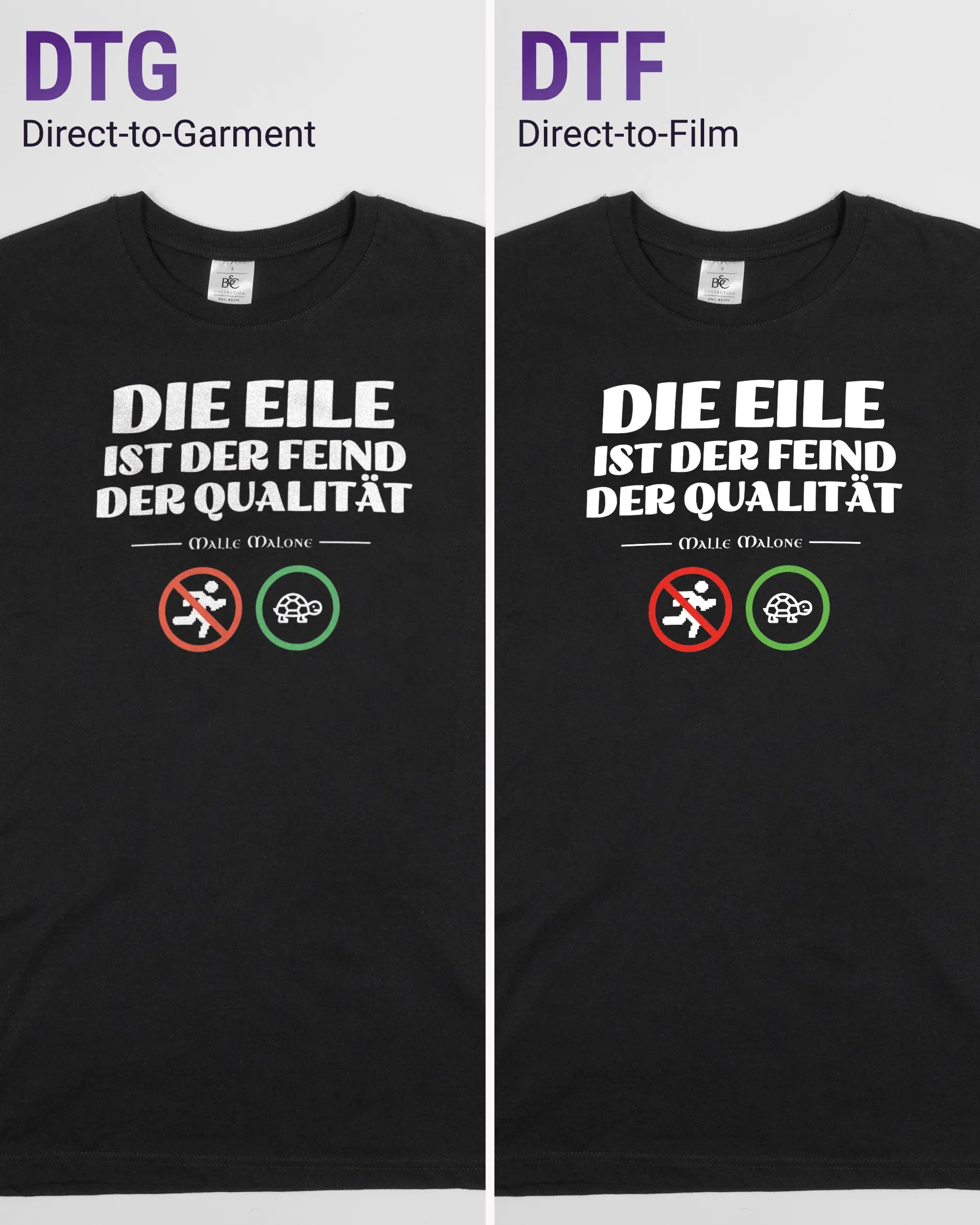 Vergleich der Vorderseiten des Basic Unisex T-Shirt Soft von Maondo mit dem Design Keine Eile in der Farbe Black und in der Größe S links mit dem Direct-to-Garment und rechts mit dem Direct-to-Film Verfahren
