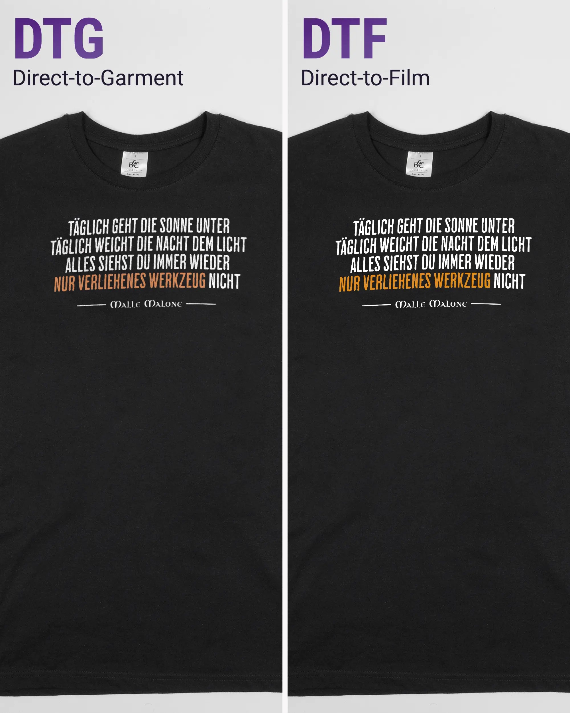 Vergleich der Vorderseiten des Basic Unisex T-Shirt Soft von Maondo mit dem Design Wegzeug in der Farbe Black und in der Größe S links mit dem Direct-to-Garment und rechts mit dem Direct-to-Film Verfahren
