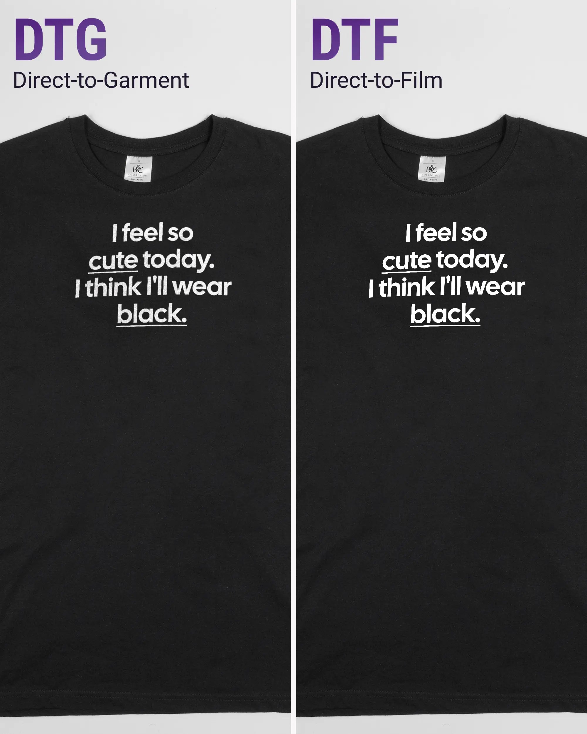 Vergleich der Vorderseiten des Basic Unisex T-Shirt Slim von Maondo mit dem Design Colorful Day in der Farbe Black und in der Größe S links mit dem Direct-to-Garment und rechts mit dem Direct-to-Film Verfahren