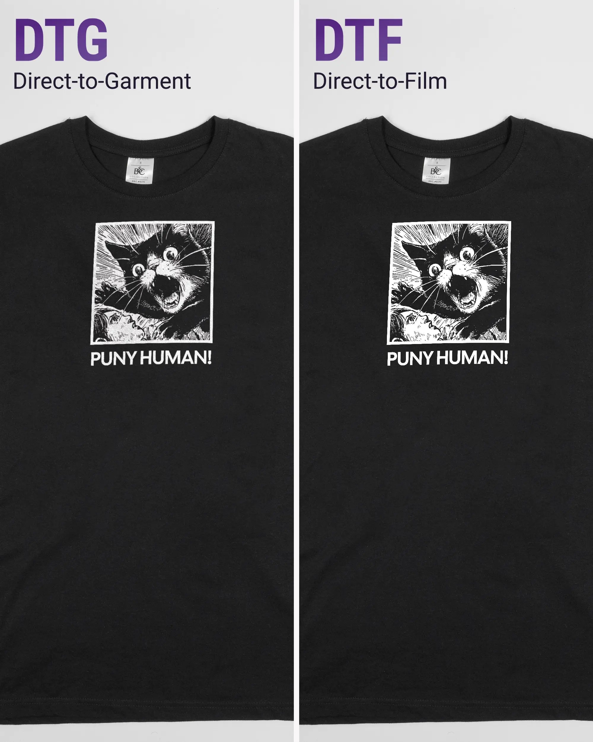 Vergleich der Vorderseiten des Basic Unisex T-Shirt Soft von Maondo mit dem Design Puny Human in der Farbe Black und in der Größe S links mit dem Direct-to-Garment und rechts mit dem Direct-to-Film Verfahren