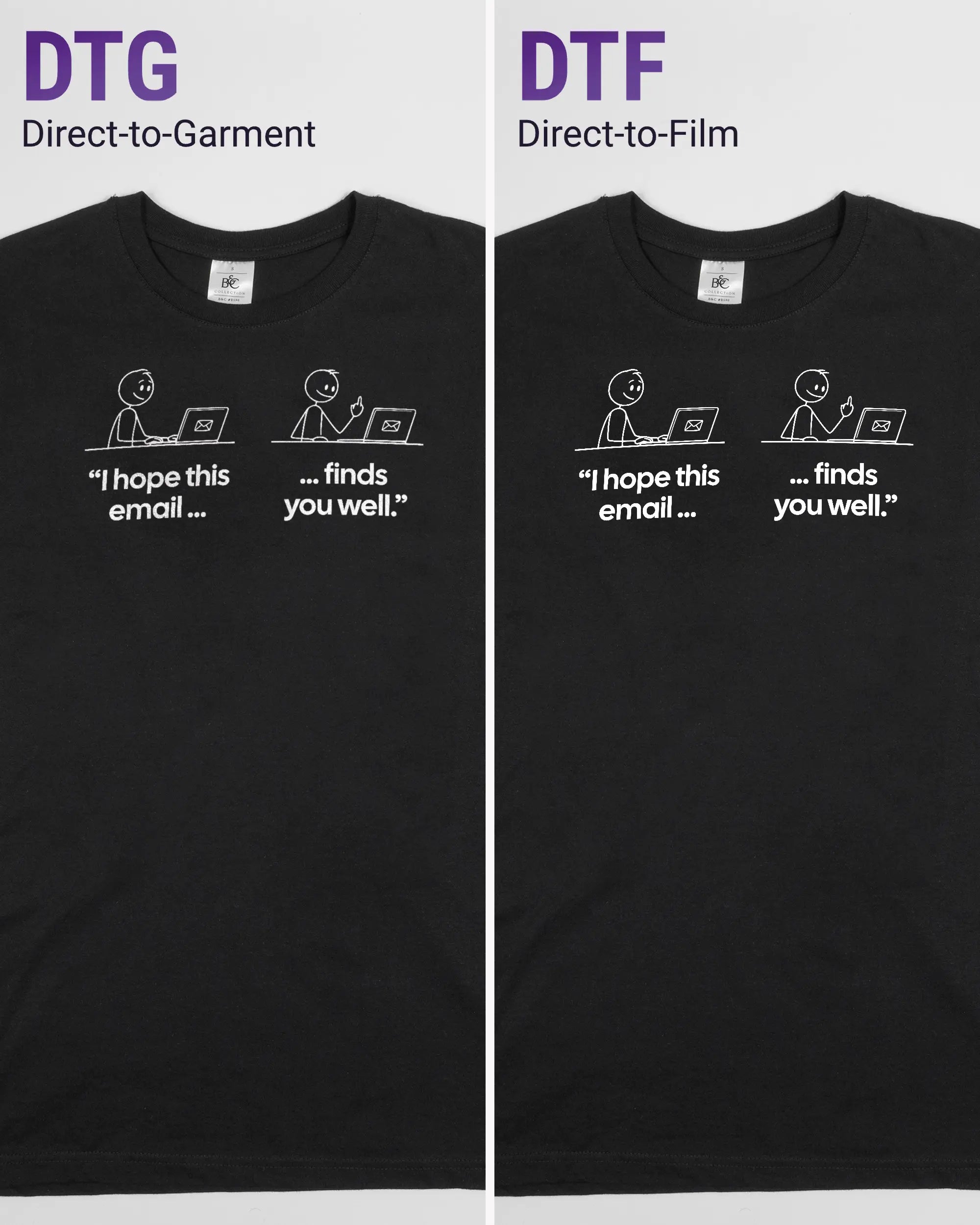 Vergleich der Vorderseiten des Basic Unisex T-Shirt Soft von Maondo mit dem Design Found me not well in der Farbe Black und in der Größe S links mit dem Direct-to-Garment und rechts mit dem Direct-to-Film Verfahren