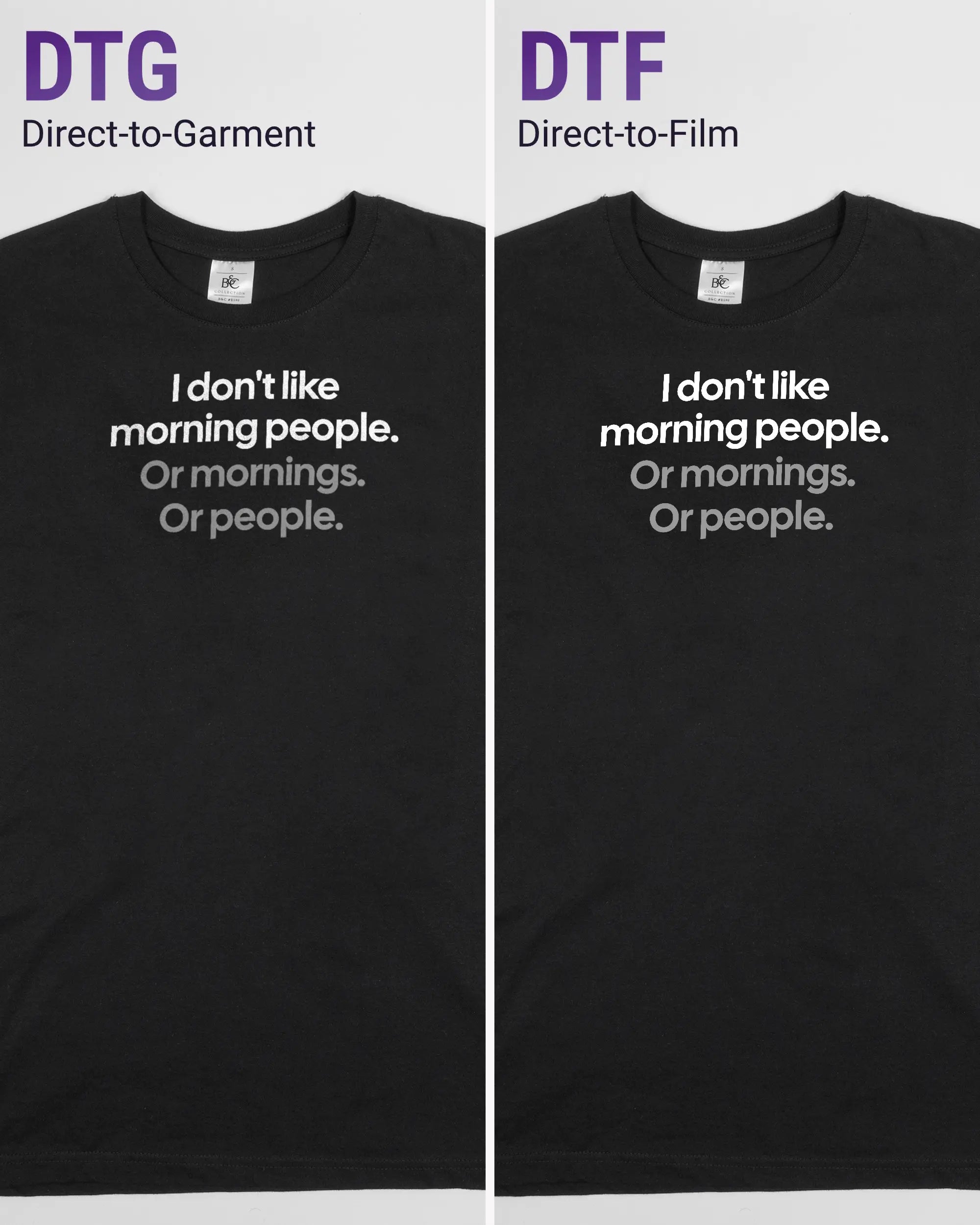 Vergleich der Vorderseiten des Basic Unisex T-Shirt Soft von Maondo mit dem Design Morning Person in der Farbe Black und in der Größe S links mit dem Direct-to-Garment und rechts mit dem Direct-to-Film Verfahren