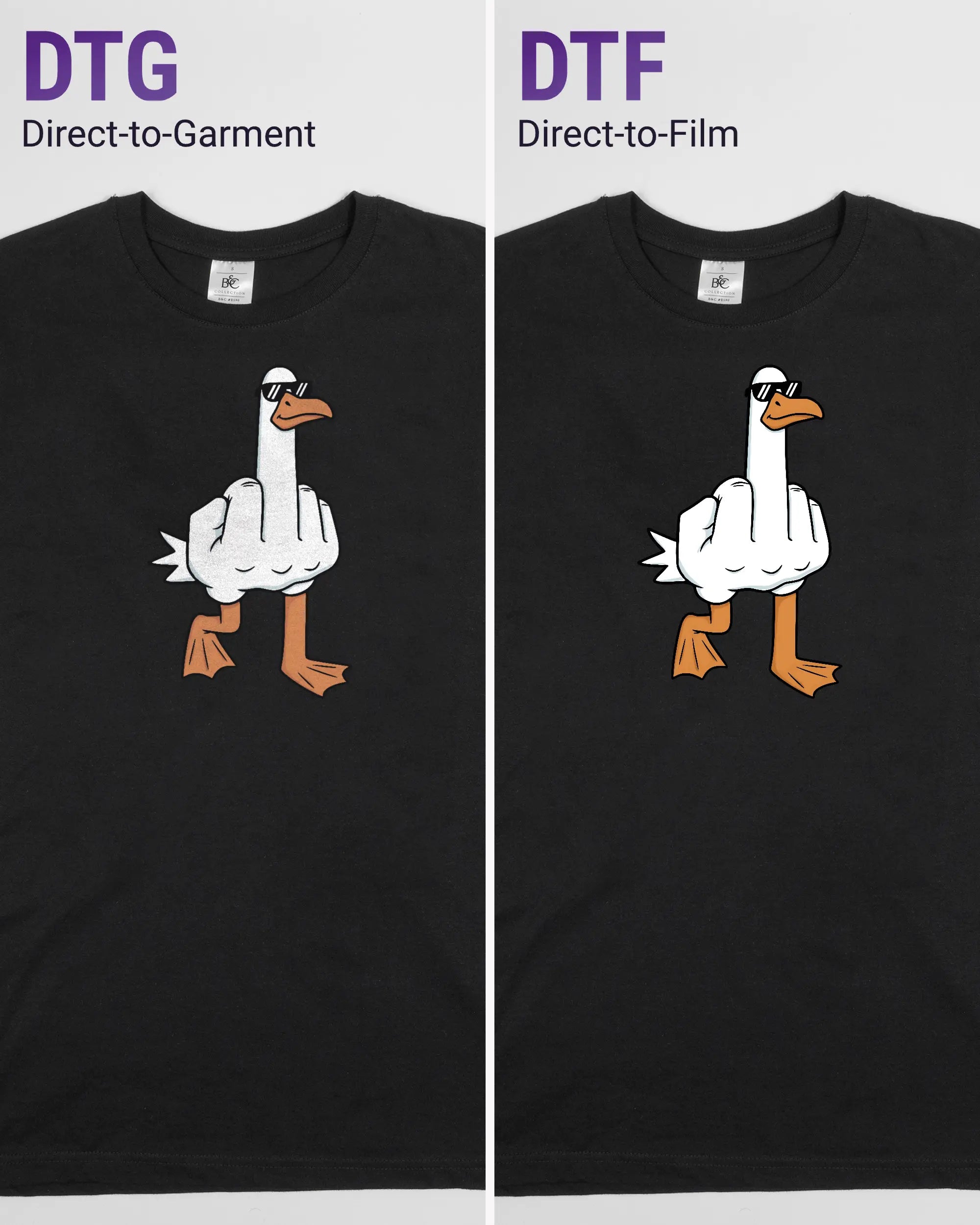Vergleich der Vorderseiten des Basic Unisex T-Shirt Soft von Maondo mit dem Design I give a duck in der Farbe Black und in der Größe S links mit dem Direct-to-Garment und rechts mit dem Direct-to-Film Verfahren