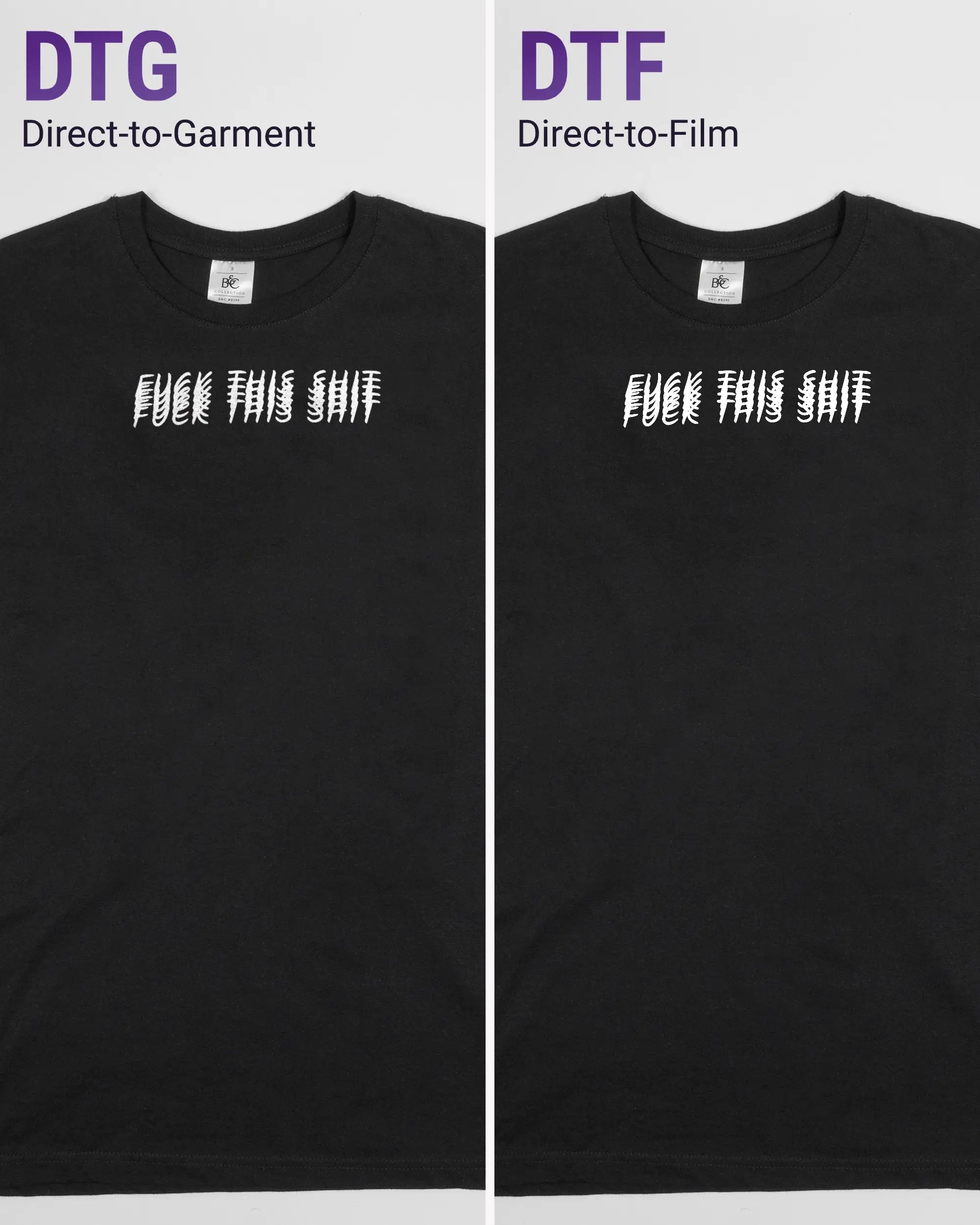 Vergleich der Vorderseiten des Basic Unisex T-Shirt Soft von Maondo mit dem Design Hidden Message in der Farbe Black und in der Größe S links mit dem Direct-to-Garment und rechts mit dem Direct-to-Film Verfahren