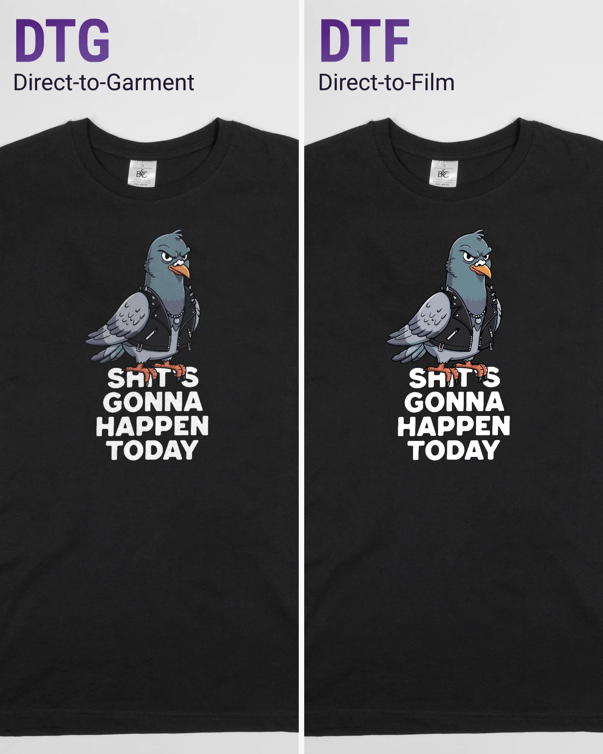 Vergleich der Vorderseiten des Basic Unisex T-Shirt Soft von Maondo mit dem Design Pigeon Pun in der Farbe Black und in der Größe S links mit dem Direct-to-Garment und rechts mit dem Direct-to-Film Verfahren