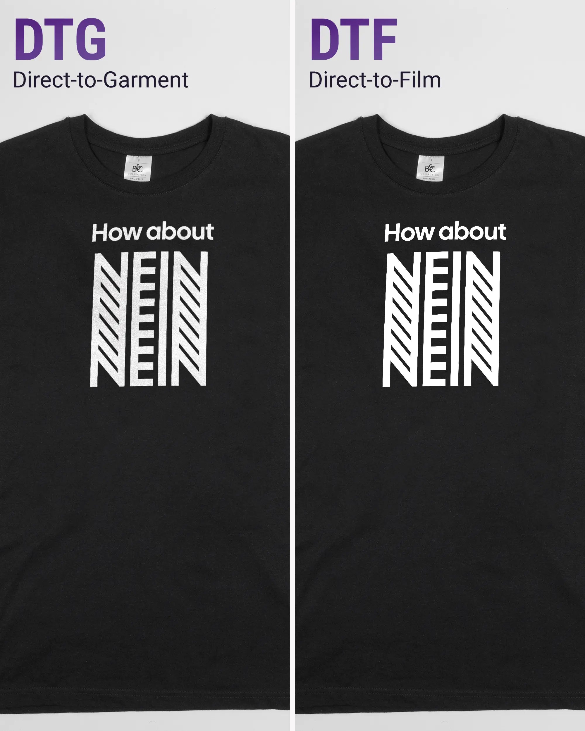 Vergleich der Vorderseiten des Basic Unisex T-Shirt Soft von Maondo mit dem Design How about nein in der Farbe Black und in der Größe S links mit dem Direct-to-Garment und rechts mit dem Direct-to-Film Verfahren