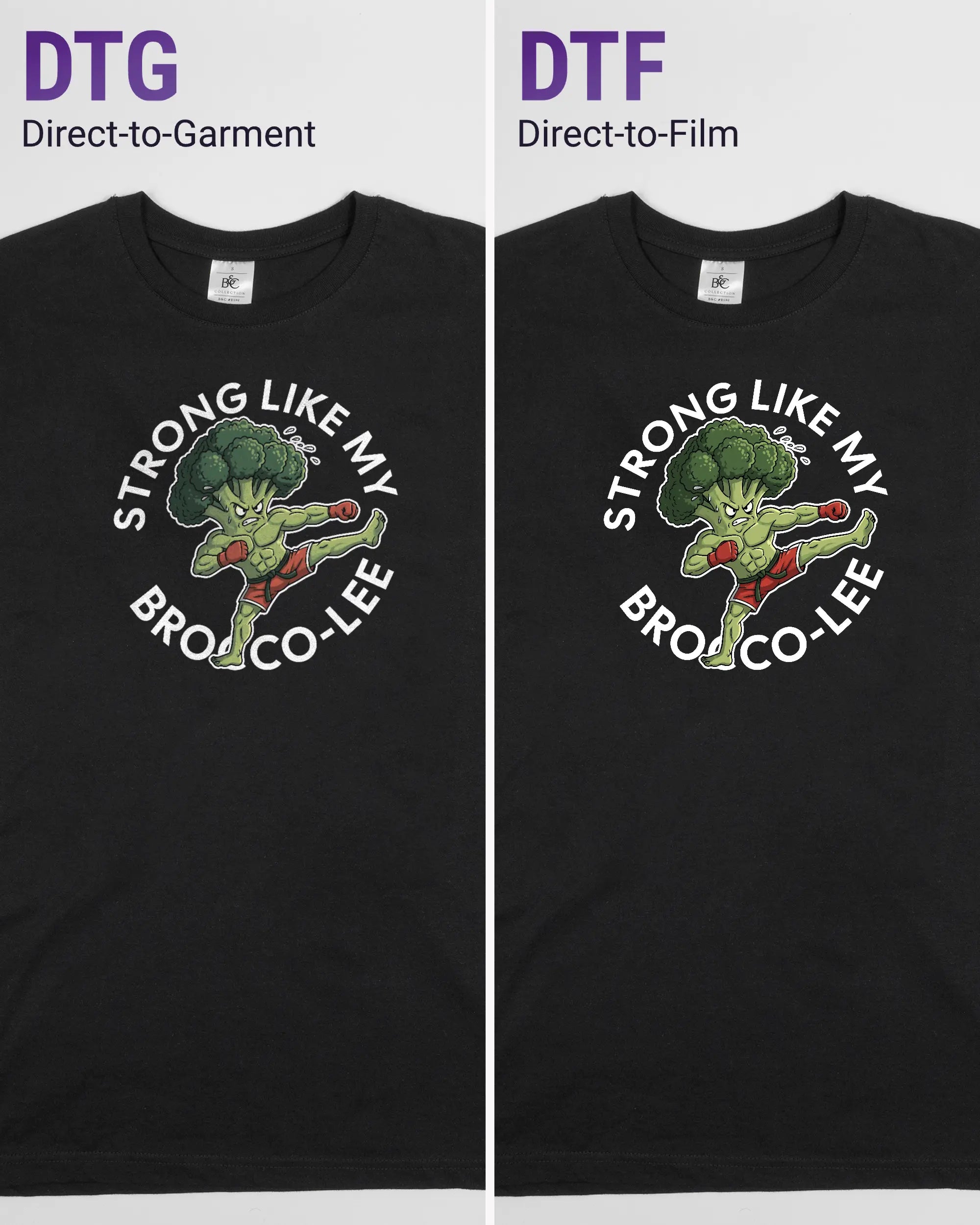 Vergleich der Vorderseiten des Basic Unisex T-Shirt Soft von Maondo mit dem Design Brocco-Lee in der Farbe Black und in der Größe S links mit dem Direct-to-Garment und rechts mit dem Direct-to-Film Verfahren