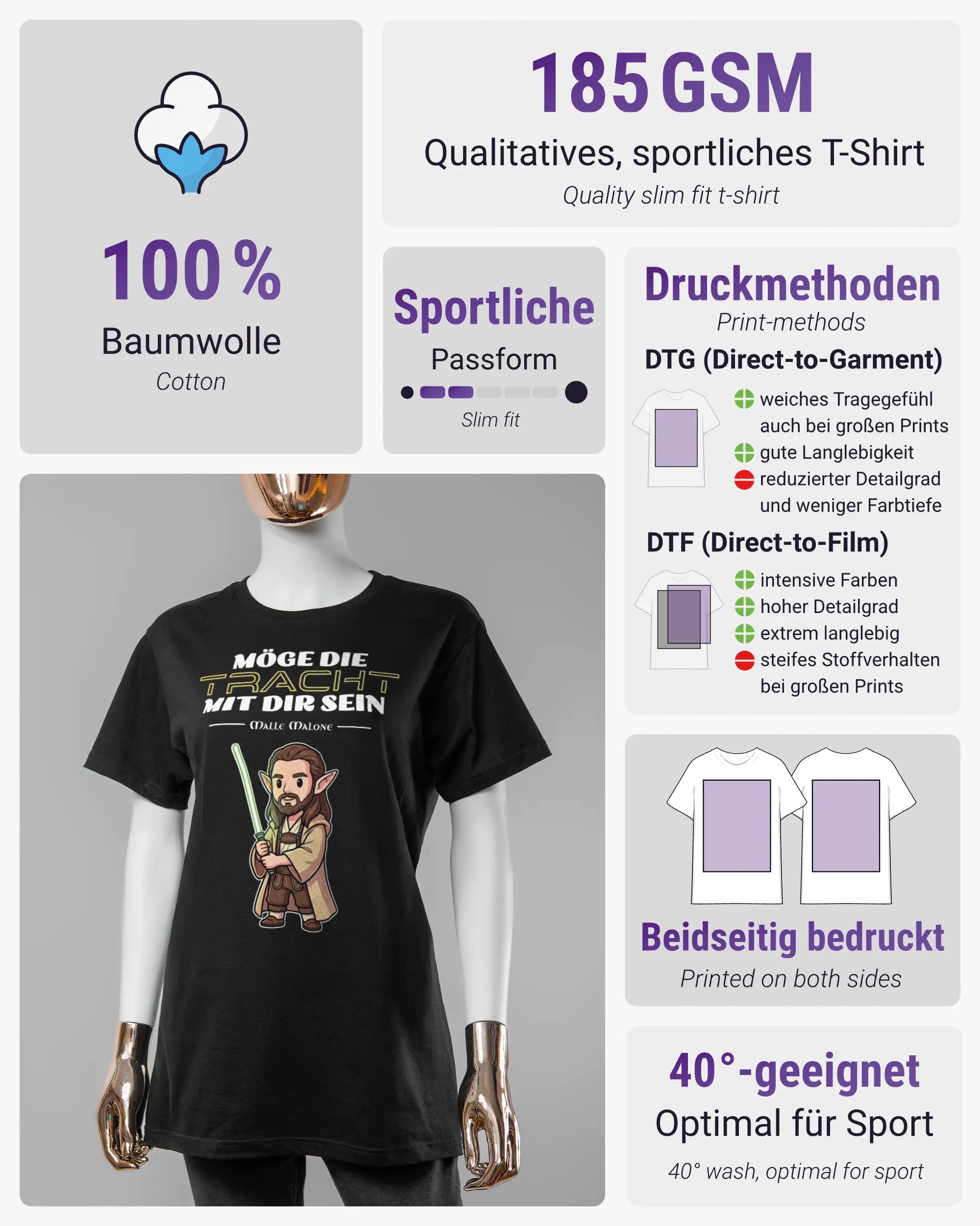 Produktinformationsblatt des Basic Unisex T-Shirt Soft von Maondo mit dem Design Tracht mit dir vorne in der Farbe Black und in der Größe S
