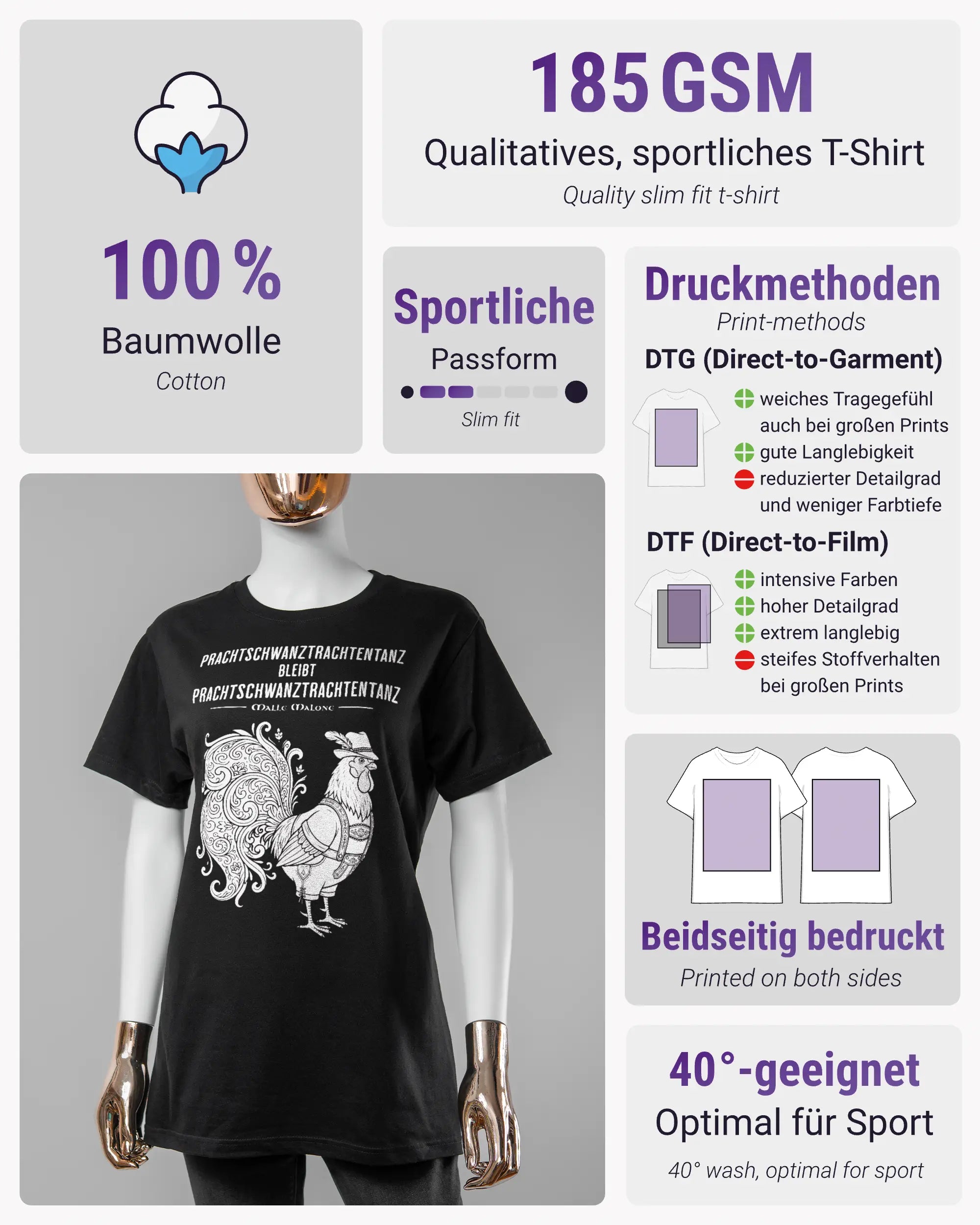 Produktinformationsblatt des Basic Unisex T-Shirt Soft von Maondo mit dem Design Trachtentanz vorne in der Farbe Black und in der Größe S