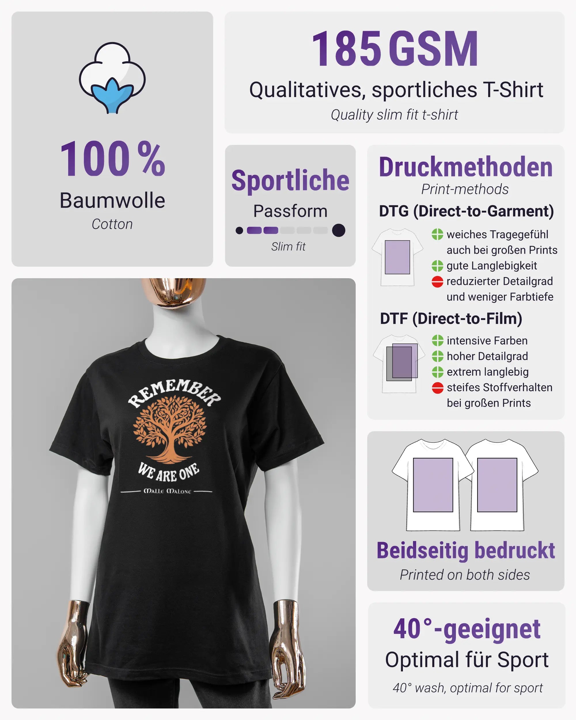 Produktinformationsblatt des Basic Unisex T-Shirt Soft von Maondo mit dem Design We are one vorne in der Farbe Black und in der Größe S