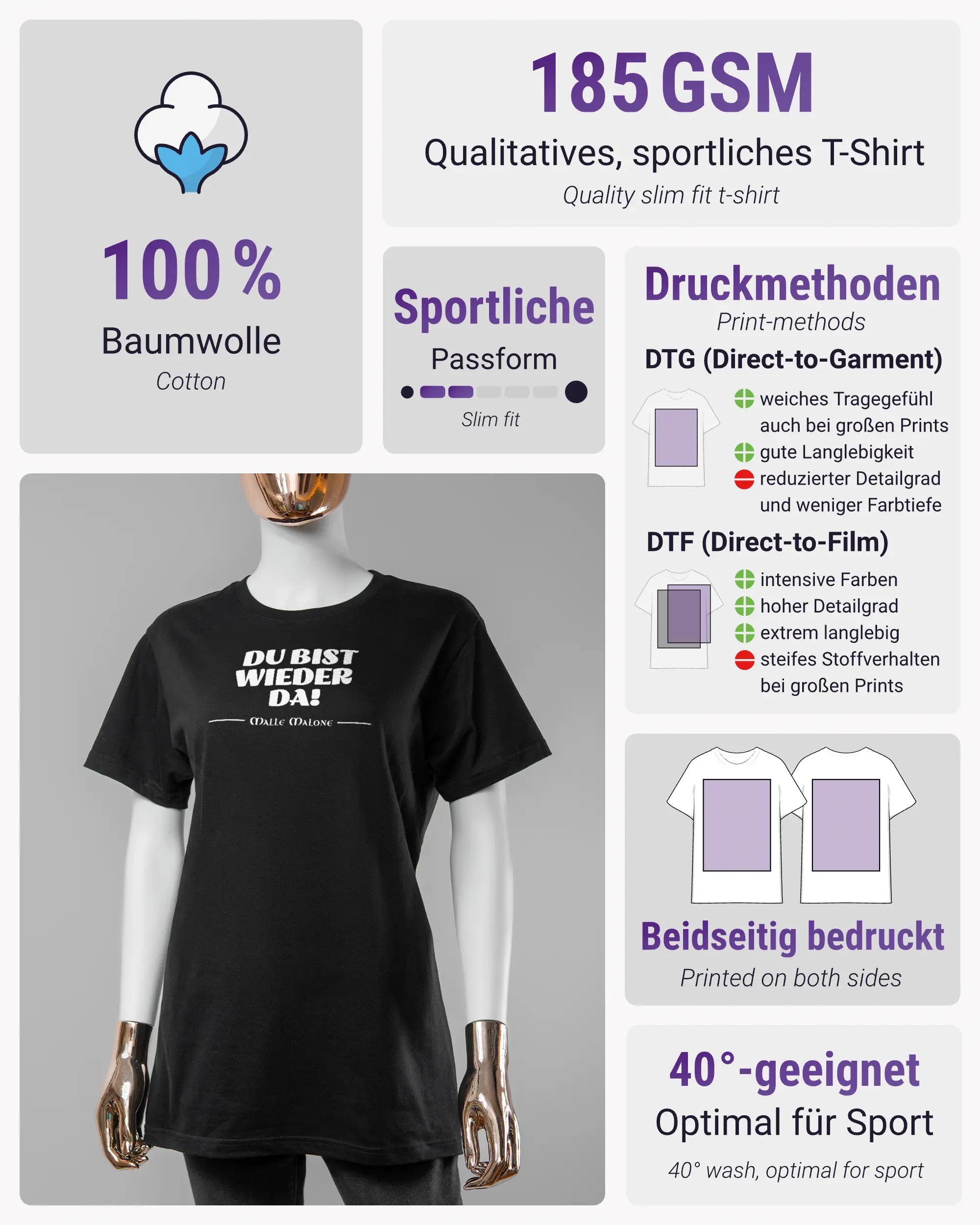 Produktinformationsblatt des Basic Unisex T-Shirt Soft von Maondo mit dem Design Wieder da vorne in der Farbe Black und in der Größe S