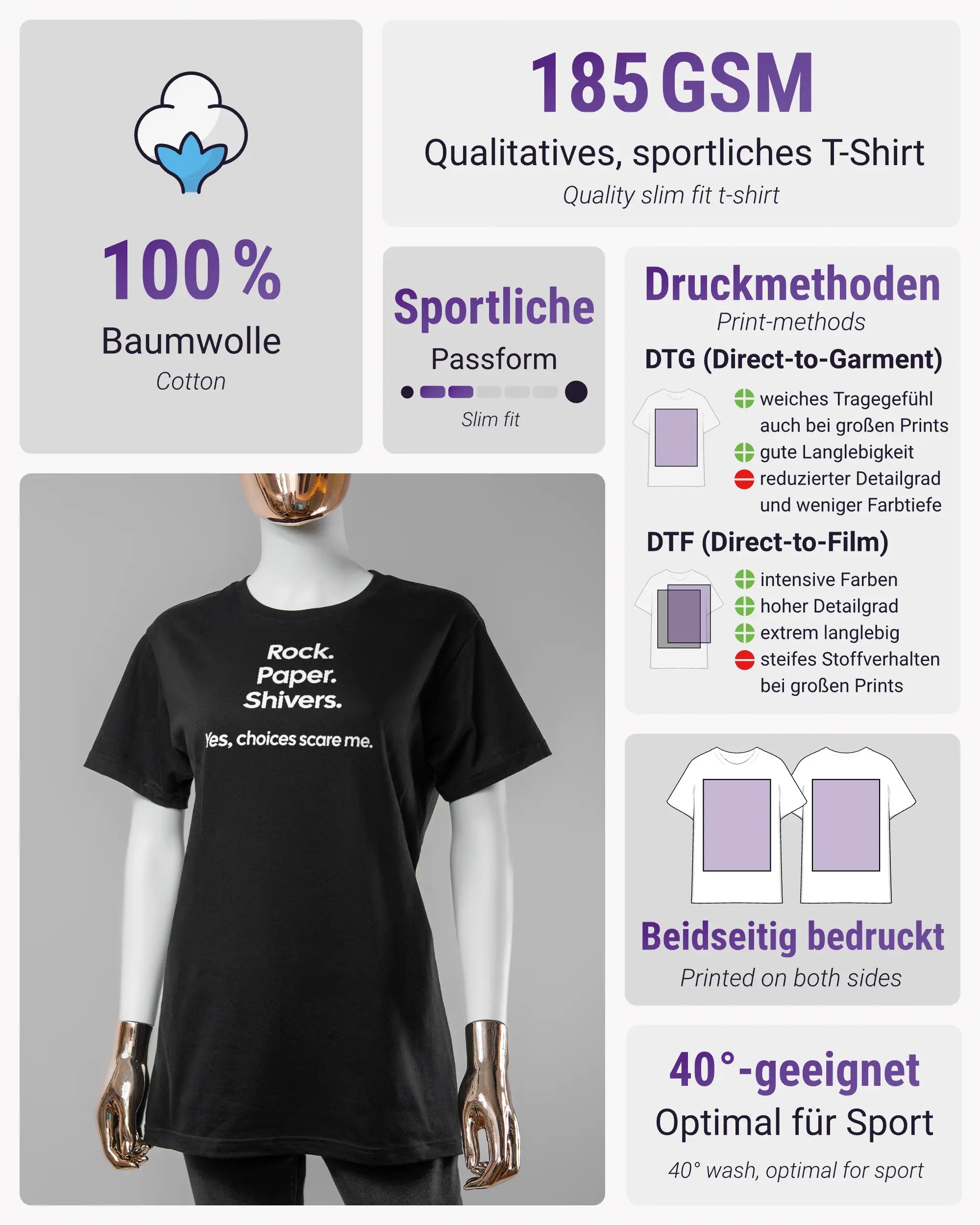 Produktinformationsblatt des Basic Unisex T-Shirt Soft von Maondo mit dem Design Rock Paper Shivers vorne in der Farbe Black und in der Größe S
