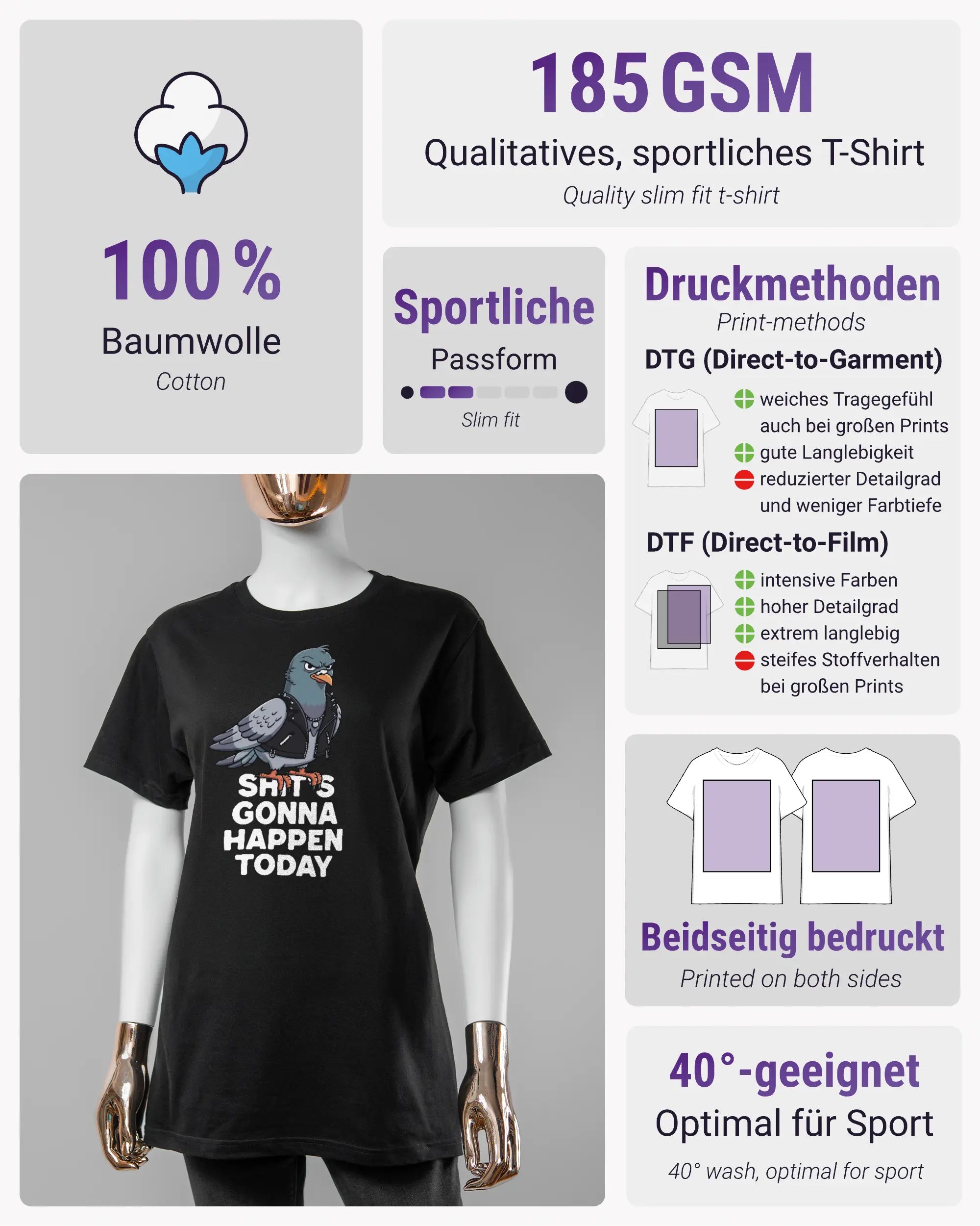 Produktinformationsblatt des Basic Unisex T-Shirt Soft von Maondo mit dem Design Pigeon Pun vorne in der Farbe Black und in der Größe S
