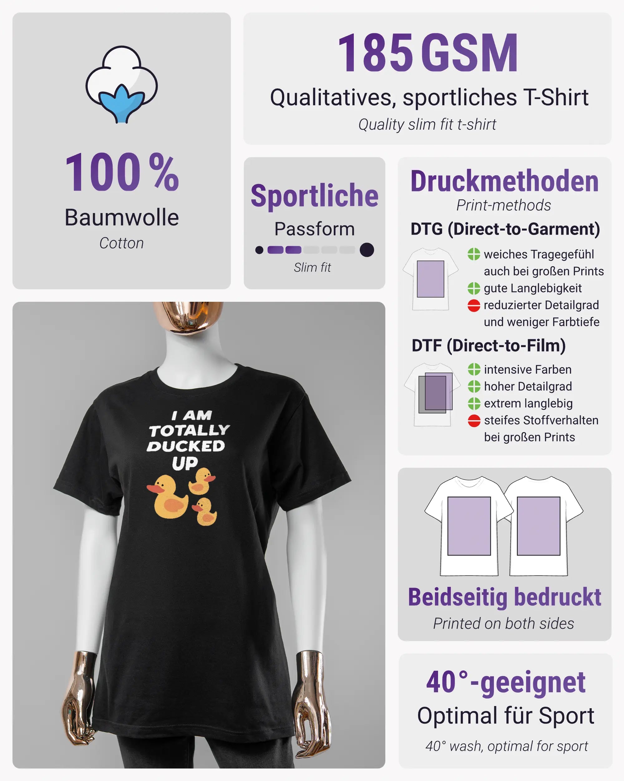 Produktinformationsblatt des Basic Unisex T-Shirt Soft von Maondo mit dem Design Ducked Up vorne in der Farbe Black und in der Größe S