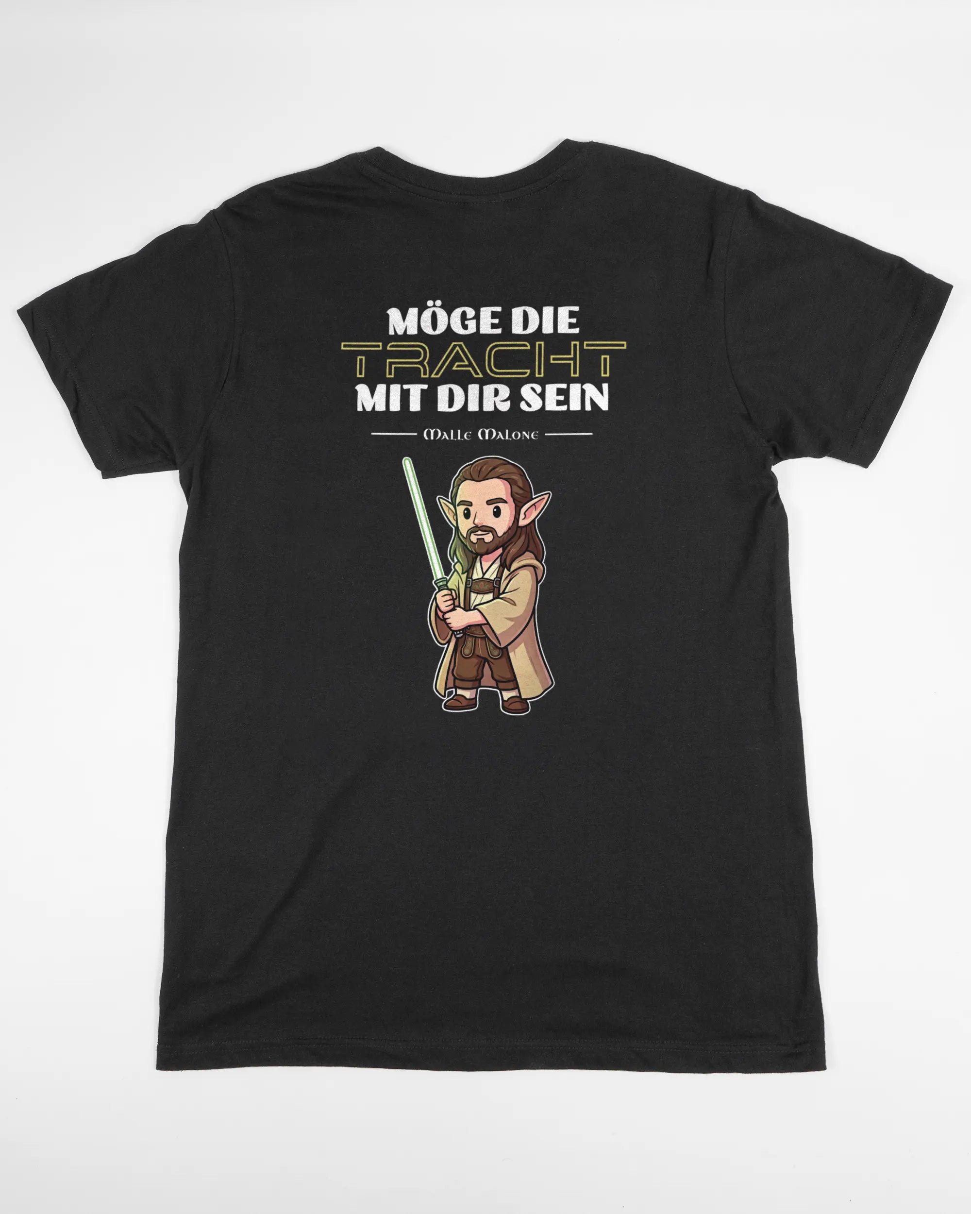 Rückseite des Basic Unisex T-Shirt Soft von Maondo mit dem Design Tracht mit dir in der Farbe Black und in der Größe S flach auf den Boden gelegt