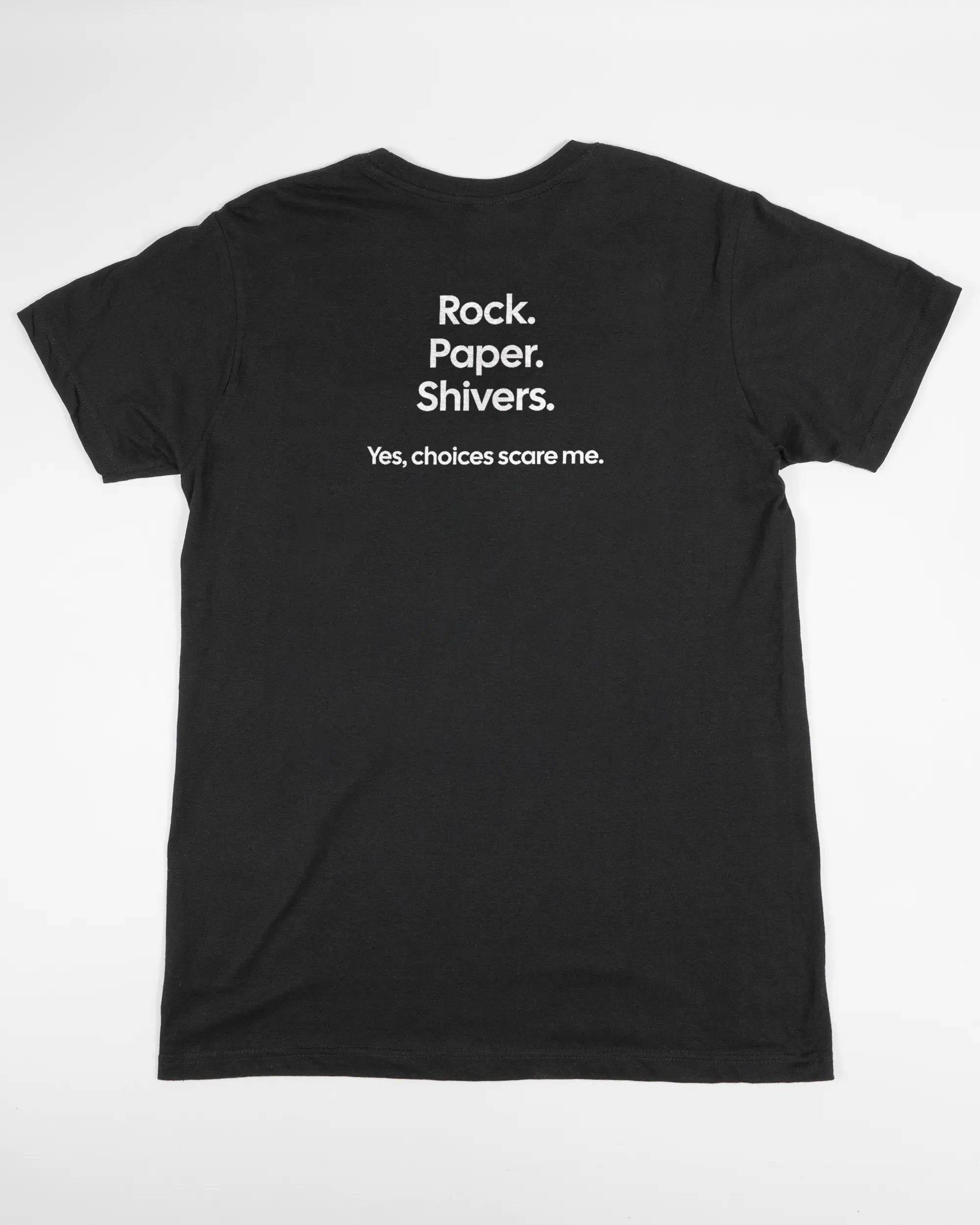 Rückseite des Basic Unisex T-Shirt Soft von Maondo mit dem Design Rock Paper Shivers in der Farbe Black und in der Größe S flach auf den Boden gelegt