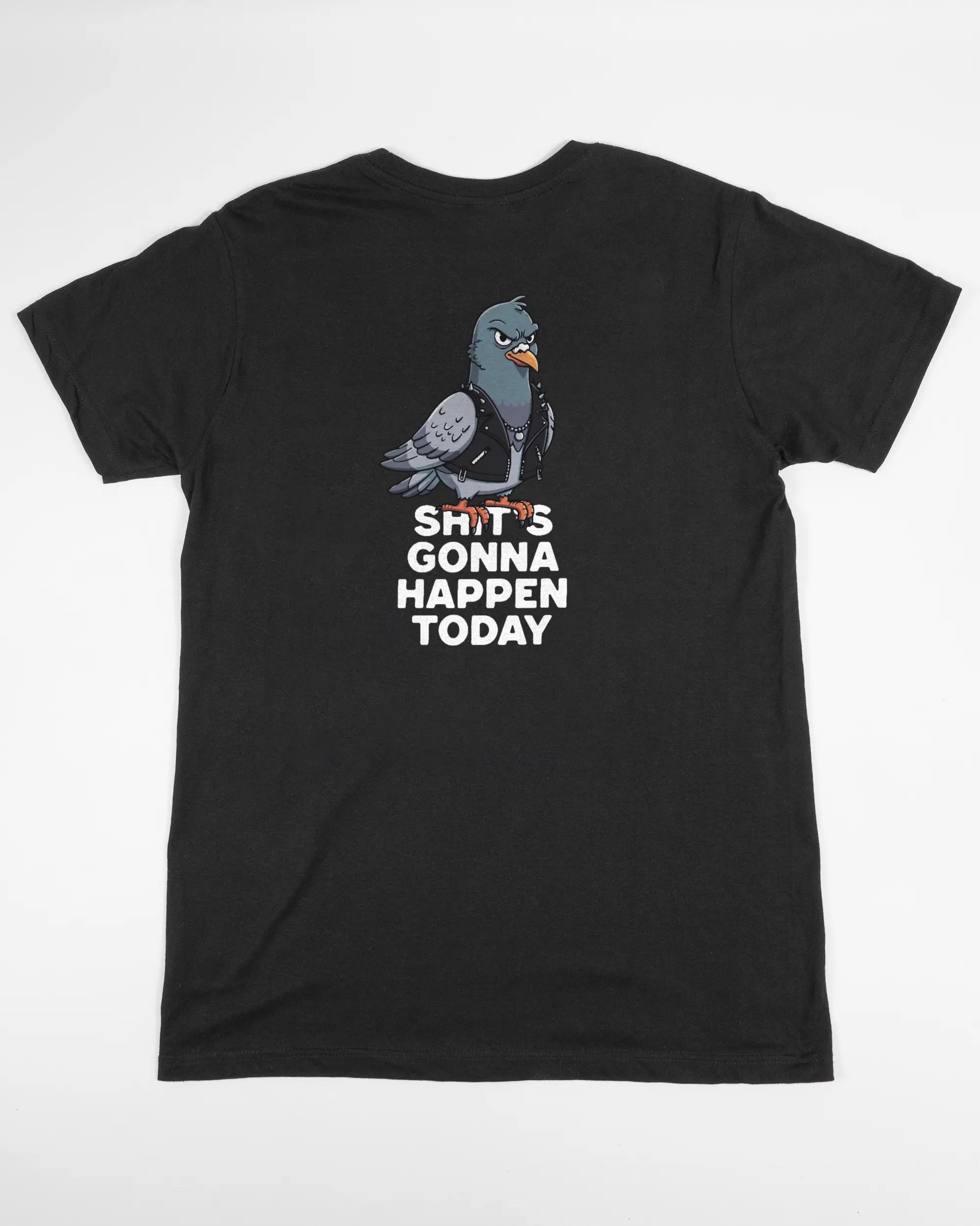 Rückseite des Basic Unisex T-Shirt Soft von Maondo mit dem Design Pigeon Pun in der Farbe Black und in der Größe S flach auf den Boden gelegt