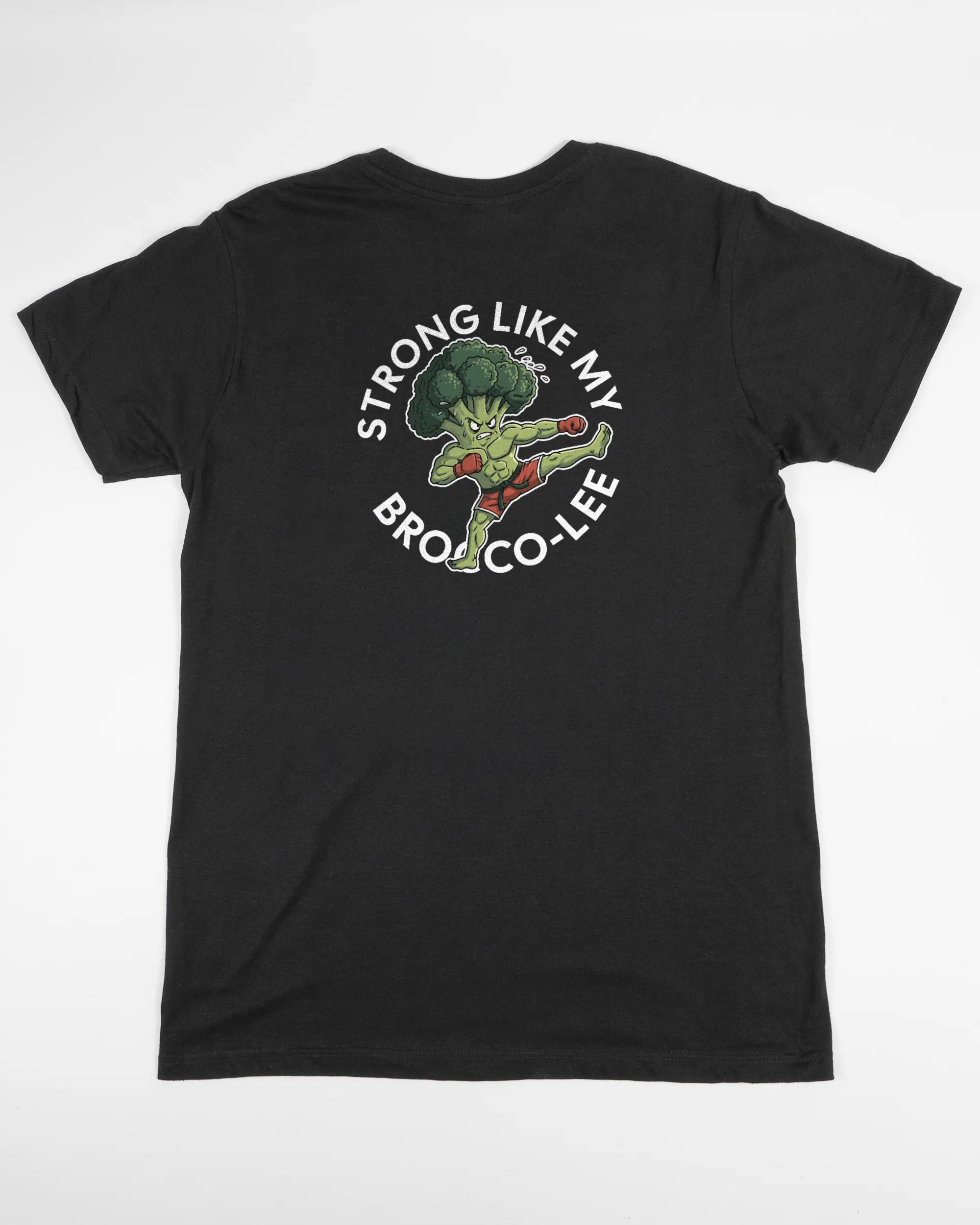 Rückseite des Basic Unisex T-Shirt Soft von Maondo mit dem Design Brocco-Lee in der Farbe Black und in der Größe S flach auf den Boden gelegt