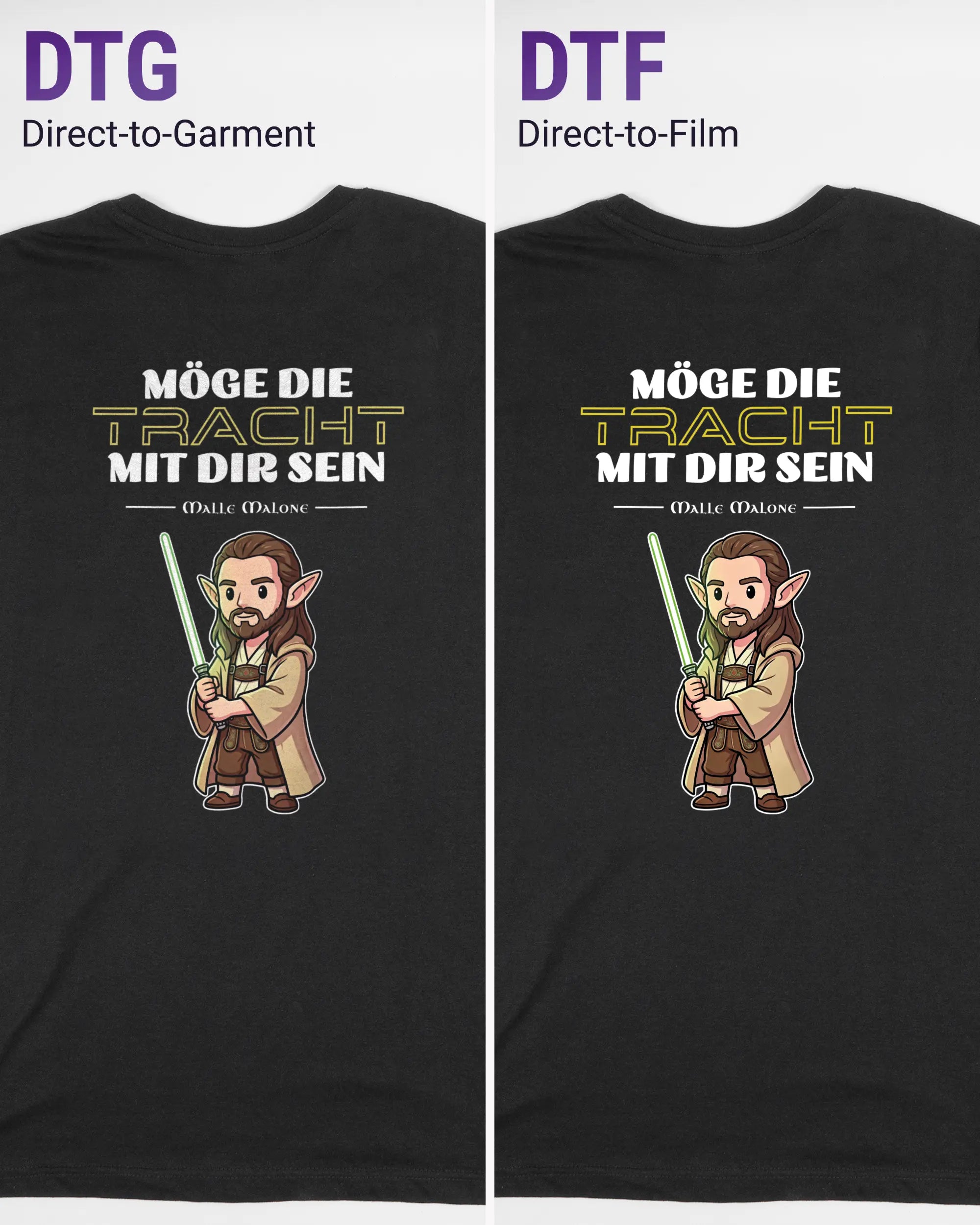 Vergleich der Rückseiten des Basic Unisex T-Shirt Soft von Maondo mit dem Design Tracht mit dir in der Farbe Black und in der Größe S links mit dem Direct-to-Garment und rechts mit dem Direct-to-Film Verfahren