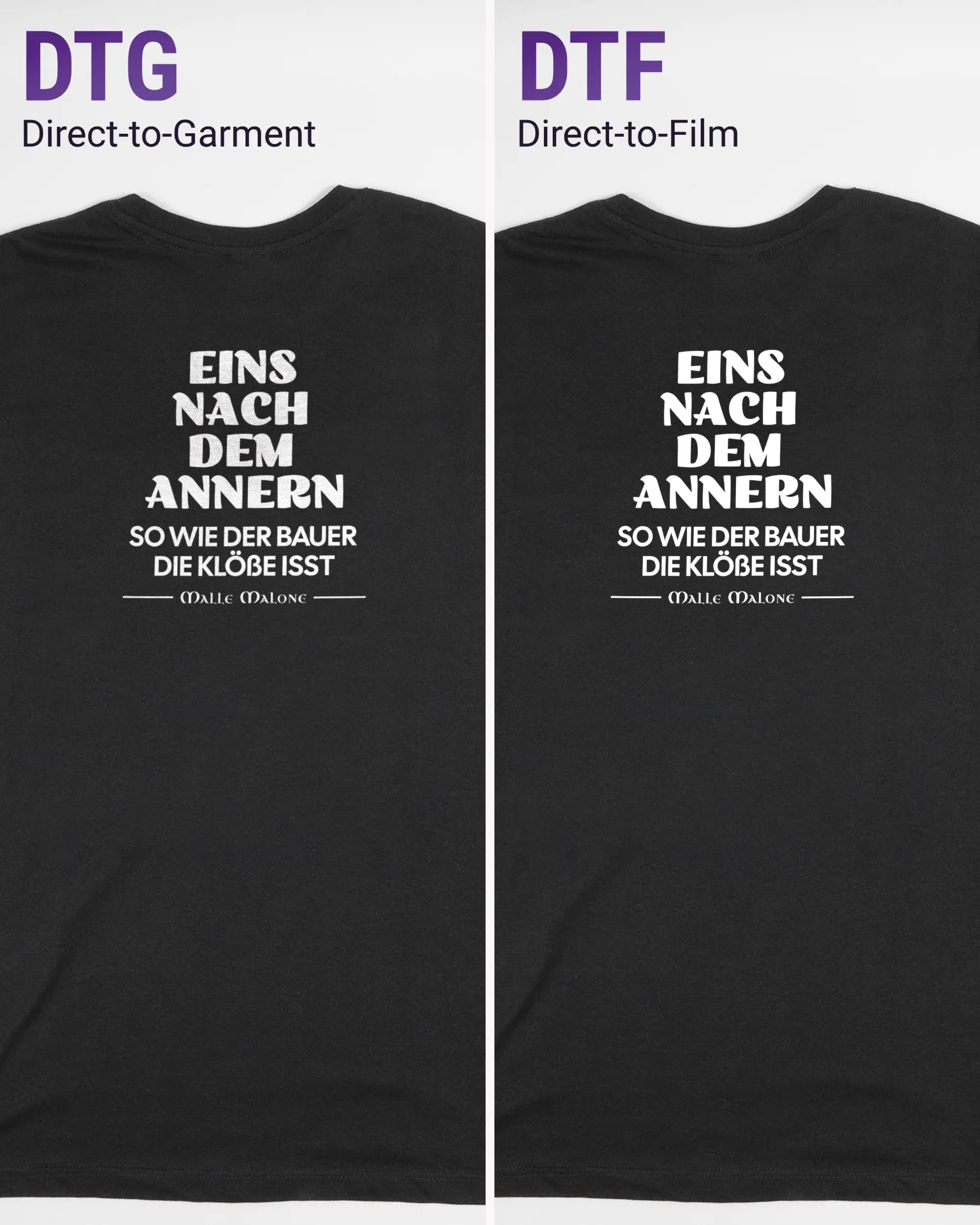Vergleich der Rückseiten des Basic Unisex T-Shirt Soft von Maondo mit dem Design Eins nach dem Annern in der Farbe Black und in der Größe S links mit dem Direct-to-Garment und rechts mit dem Direct-to-Film Verfahren