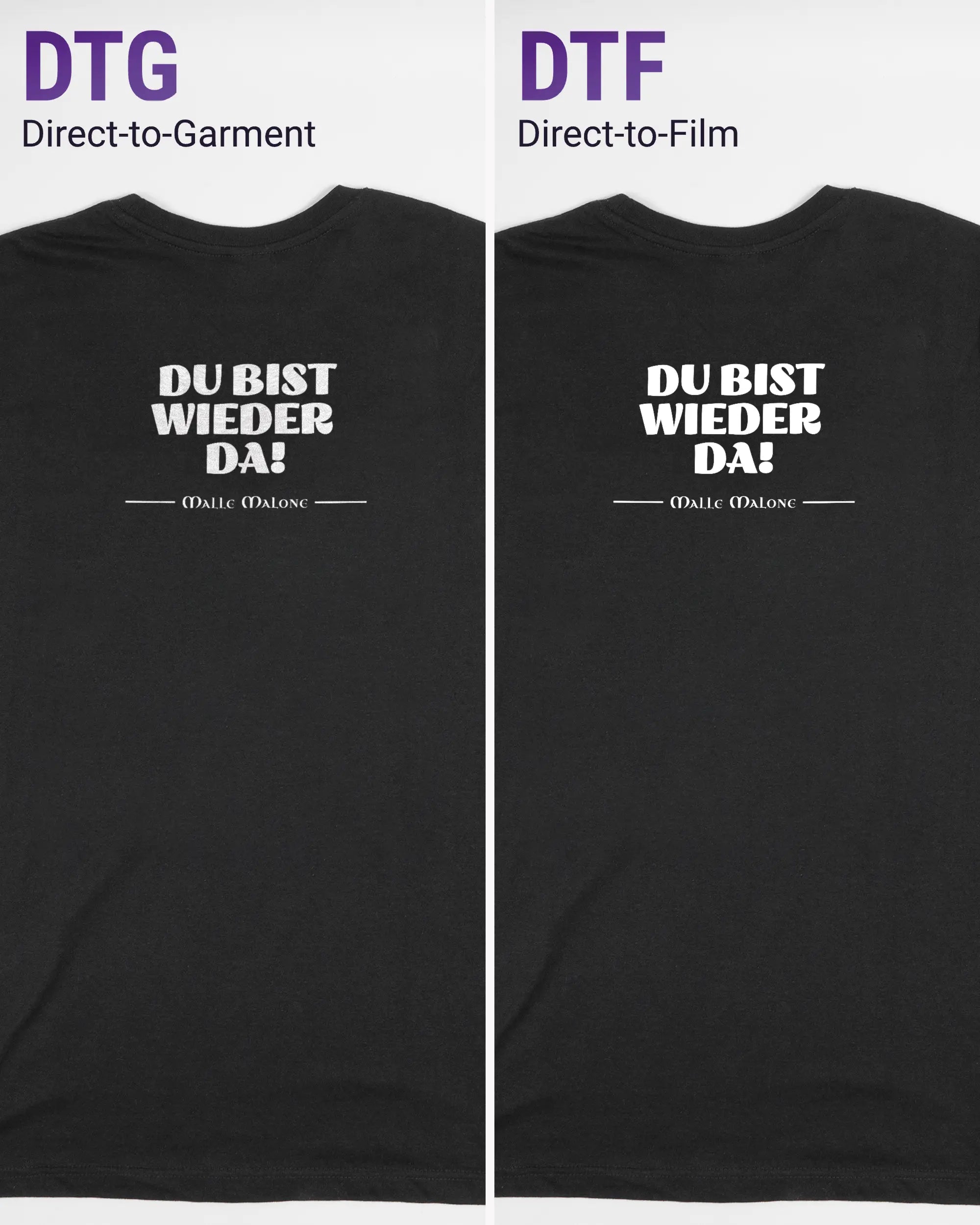 Vergleich der Rückseiten des Basic Unisex T-Shirt Soft von Maondo mit dem Design Wieder da in der Farbe Black und in der Größe S links mit dem Direct-to-Garment und rechts mit dem Direct-to-Film Verfahren