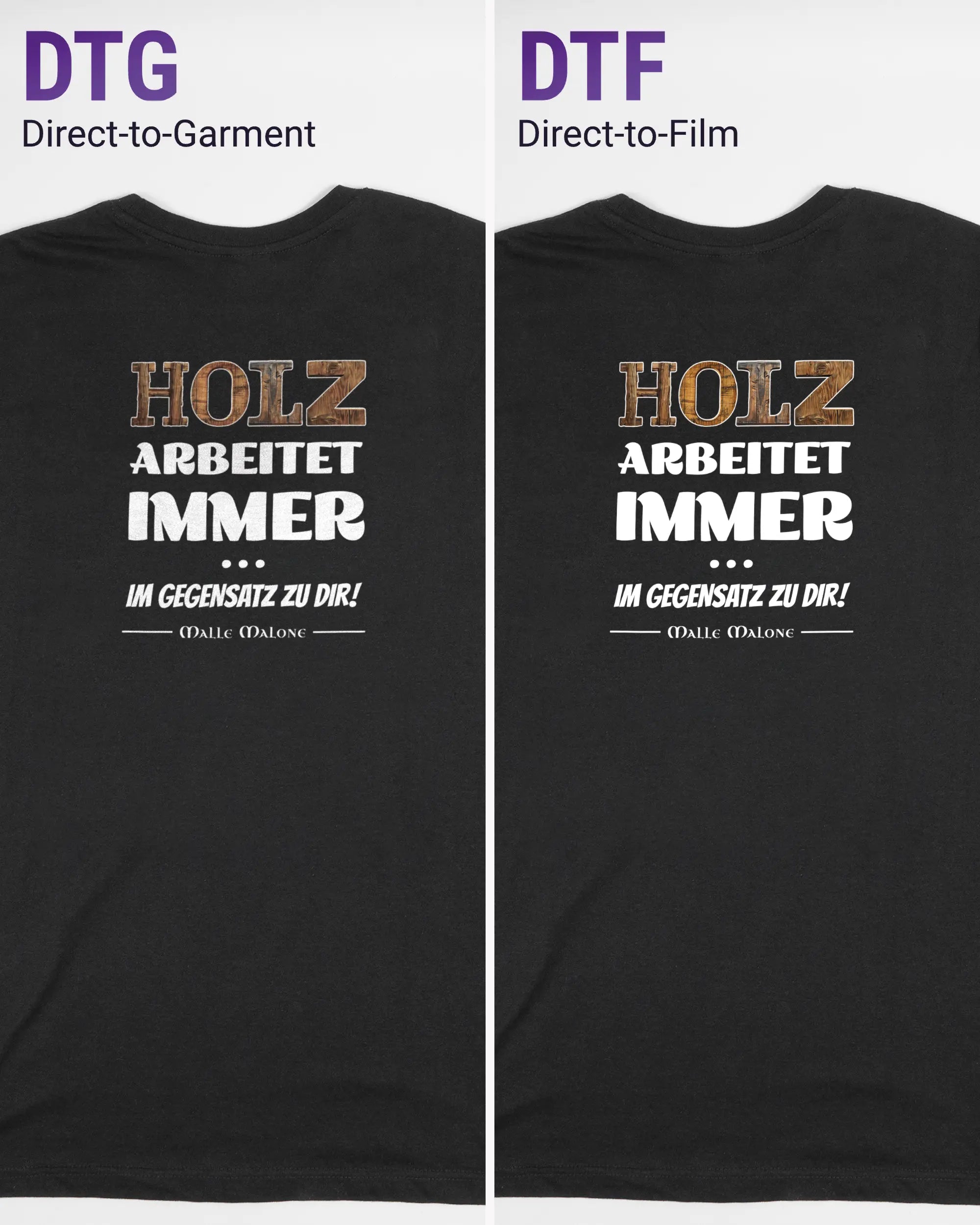 Vergleich der Rückseiten des Basic Unisex T-Shirt Soft von Maondo mit dem Design Holzarbeit in der Farbe Black und in der Größe S links mit dem Direct-to-Garment und rechts mit dem Direct-to-Film Verfahren