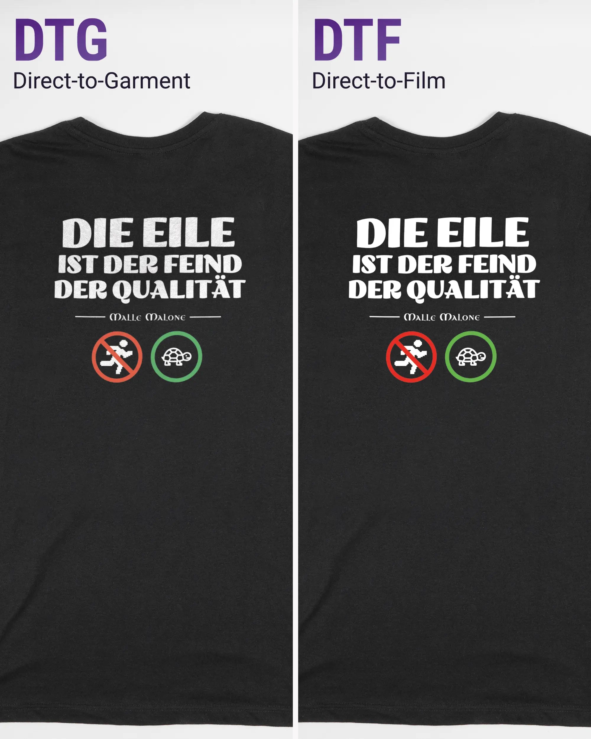 Vergleich der Rückseiten des Basic Unisex T-Shirt Soft von Maondo mit dem Design Keine Eile in der Farbe Black und in der Größe S links mit dem Direct-to-Garment und rechts mit dem Direct-to-Film Verfahren