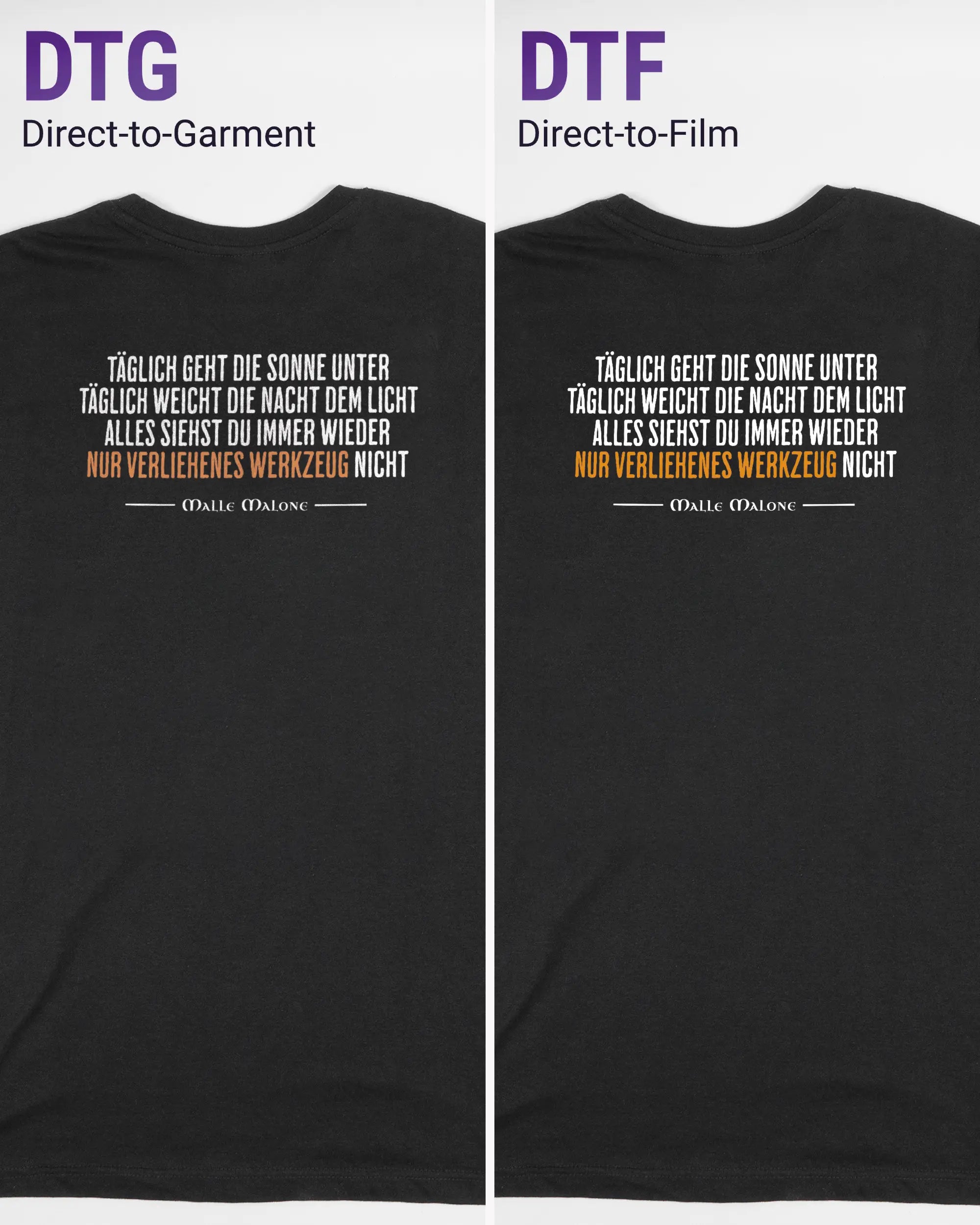 Vergleich der Rückseiten des Basic Unisex T-Shirt Soft von Maondo mit dem Design Wegzeug in der Farbe Black und in der Größe S links mit dem Direct-to-Garment und rechts mit dem Direct-to-Film Verfahren