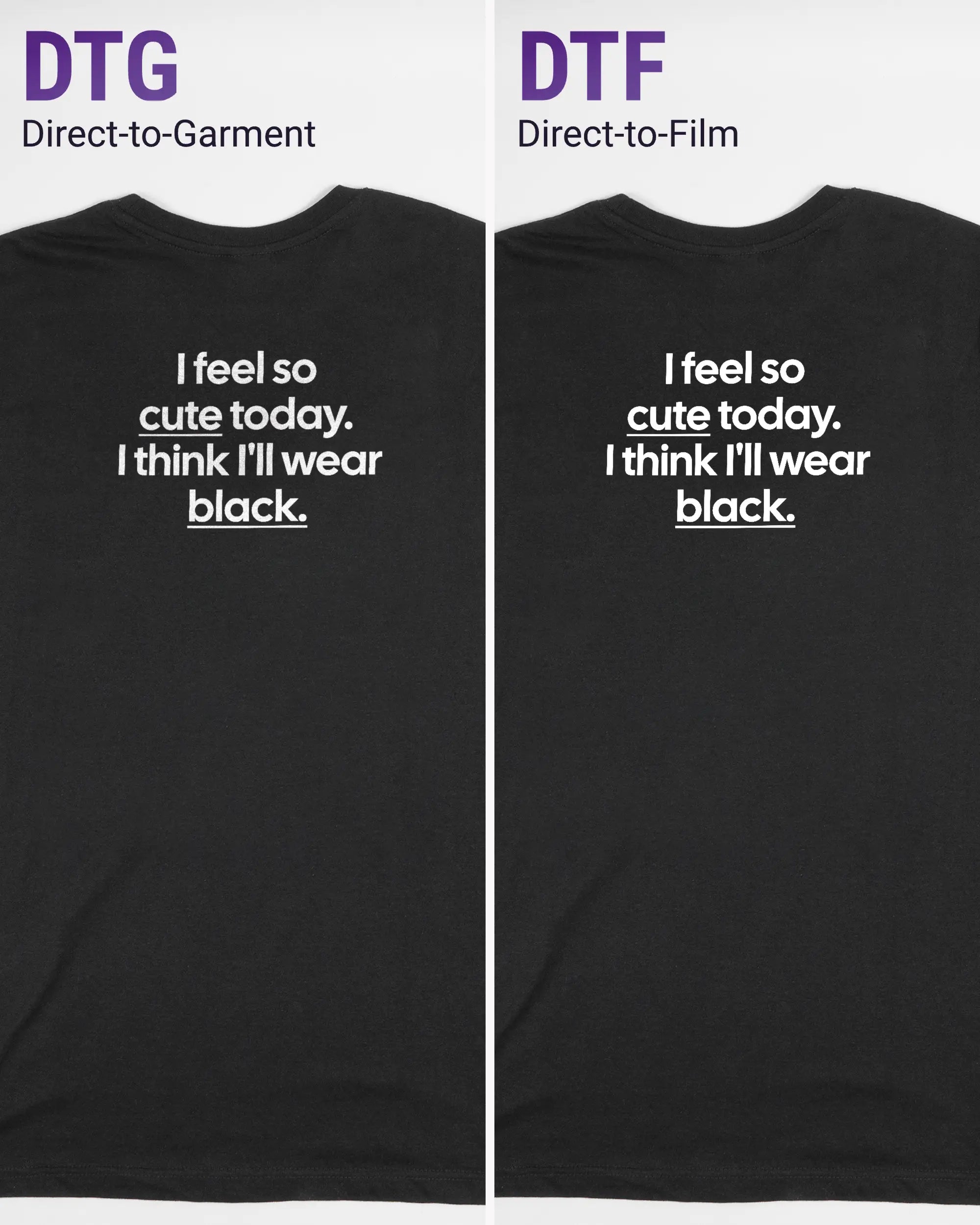 Vergleich der Rückseiten des Basic Unisex T-Shirt Slim von Maondo mit dem Design Colorful Day in der Farbe Black und in der Größe S links mit dem Direct-to-Garment und rechts mit dem Direct-to-Film Verfahren