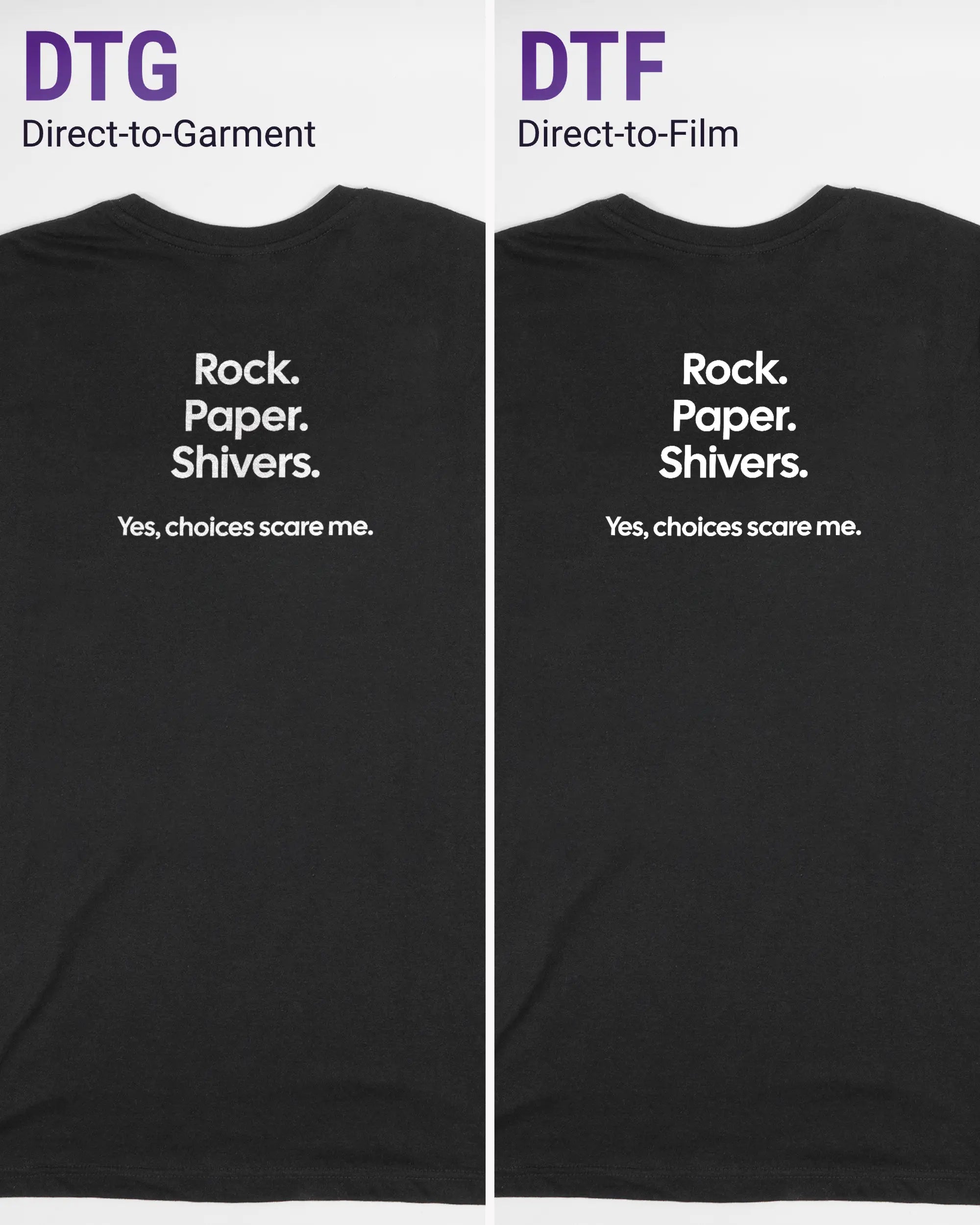 Vergleich der Rückseiten des Basic Unisex T-Shirt Soft von Maondo mit dem Design Rock Paper Shivers in der Farbe Black und in der Größe S links mit dem Direct-to-Garment und rechts mit dem Direct-to-Film Verfahren
